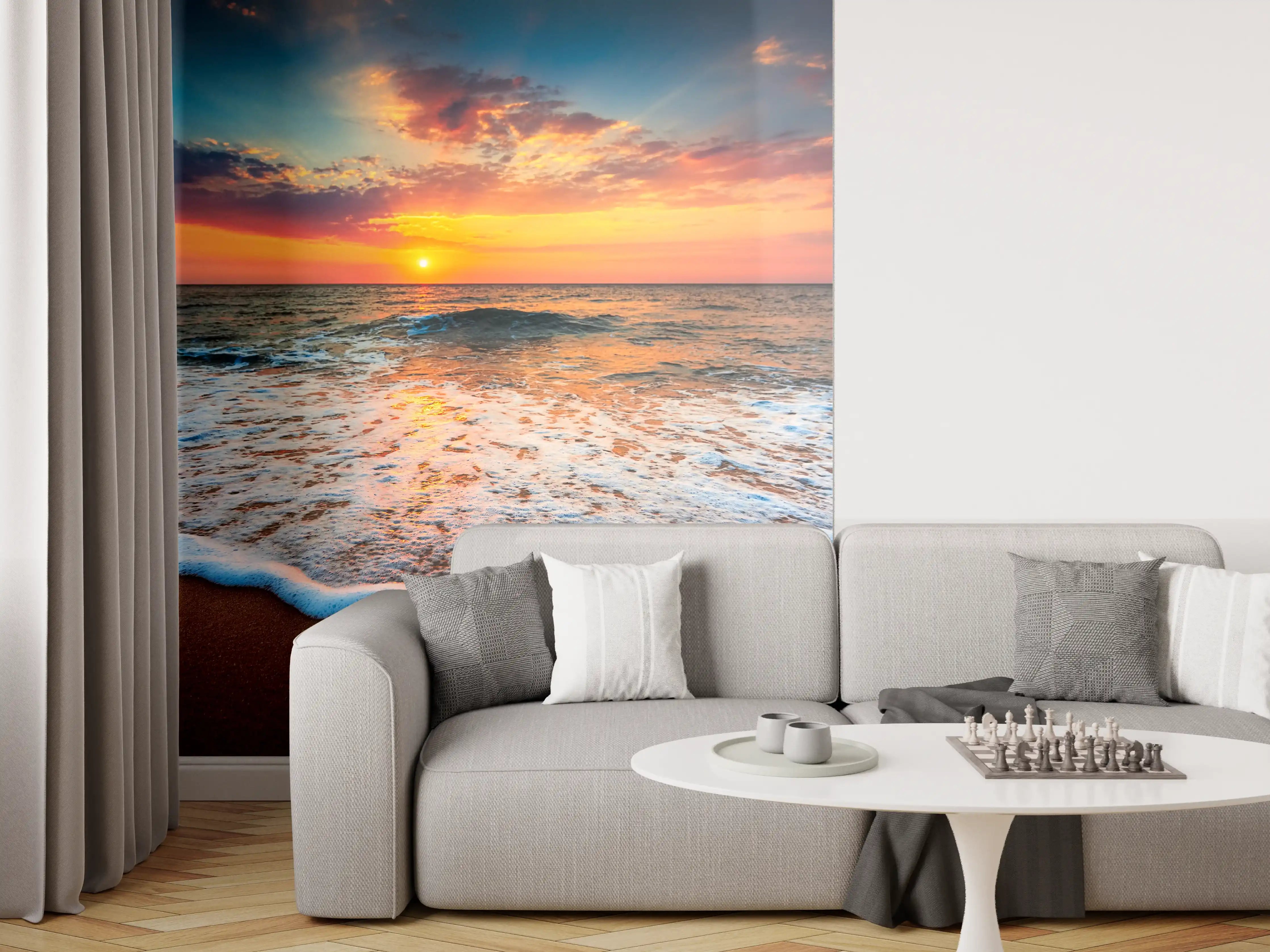 Wandverkleidung Wohnzimmer - Sanfter Grau-Sonnenuntergang am Meeresstrand