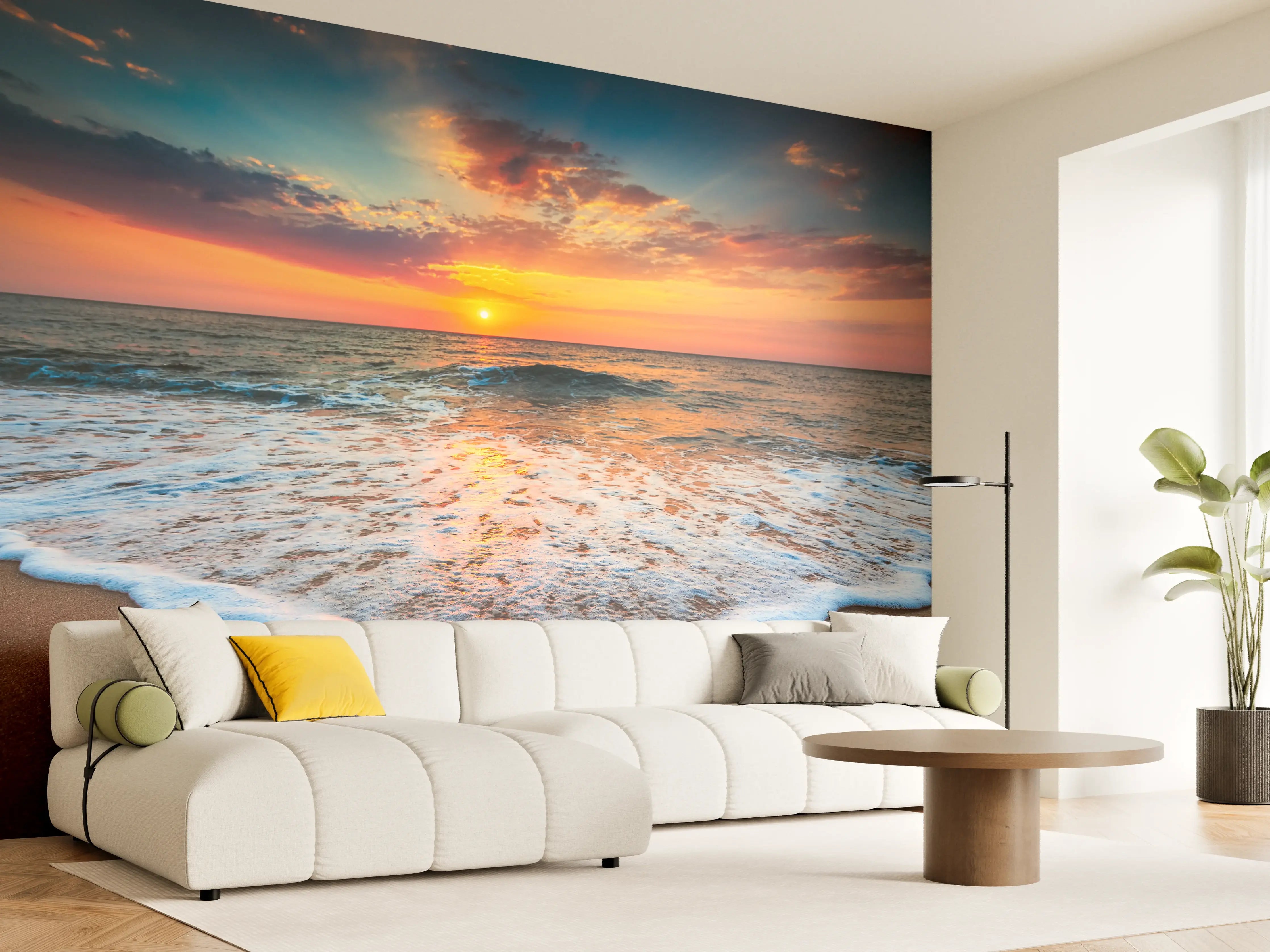 Wandverkleidung Wohnzimmer - Sanfter Grau-Sonnenuntergang am Meeresstrand