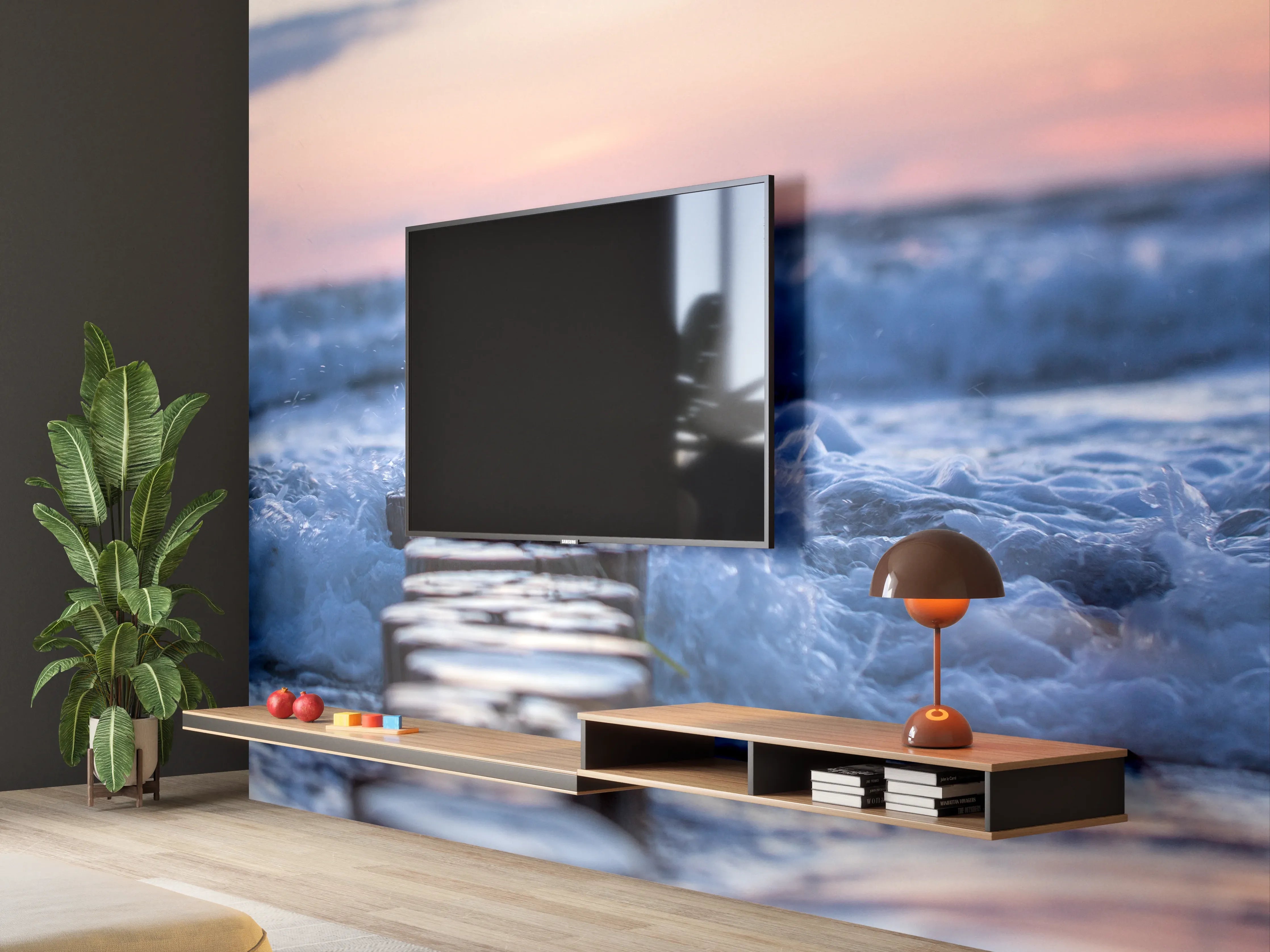 Wandverkleidung Wohnzimmer - Sanfter Grauschein am Meeresabend