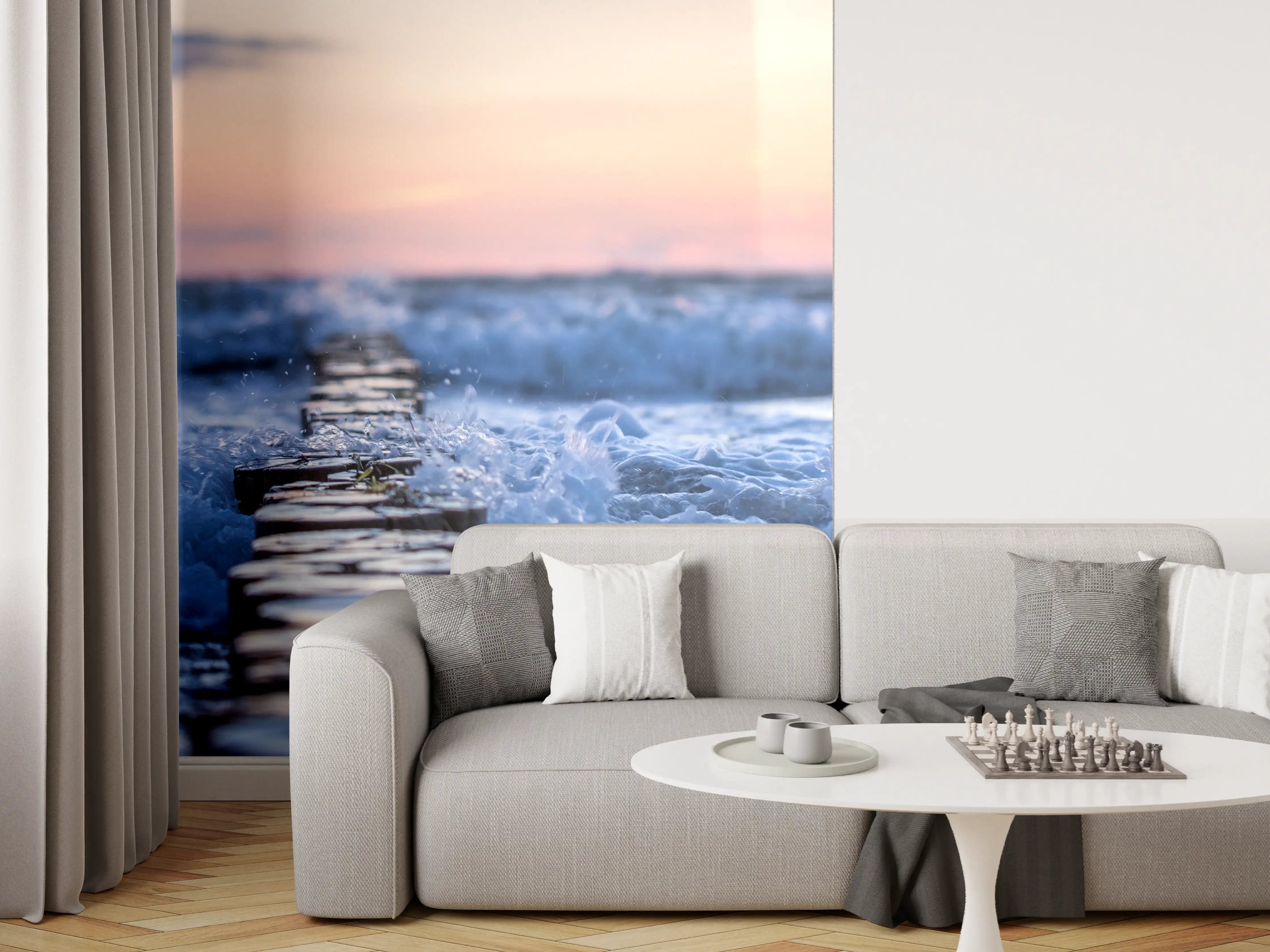 Wandverkleidung Wohnzimmer - Sanfter Grauschein am Meeresabend