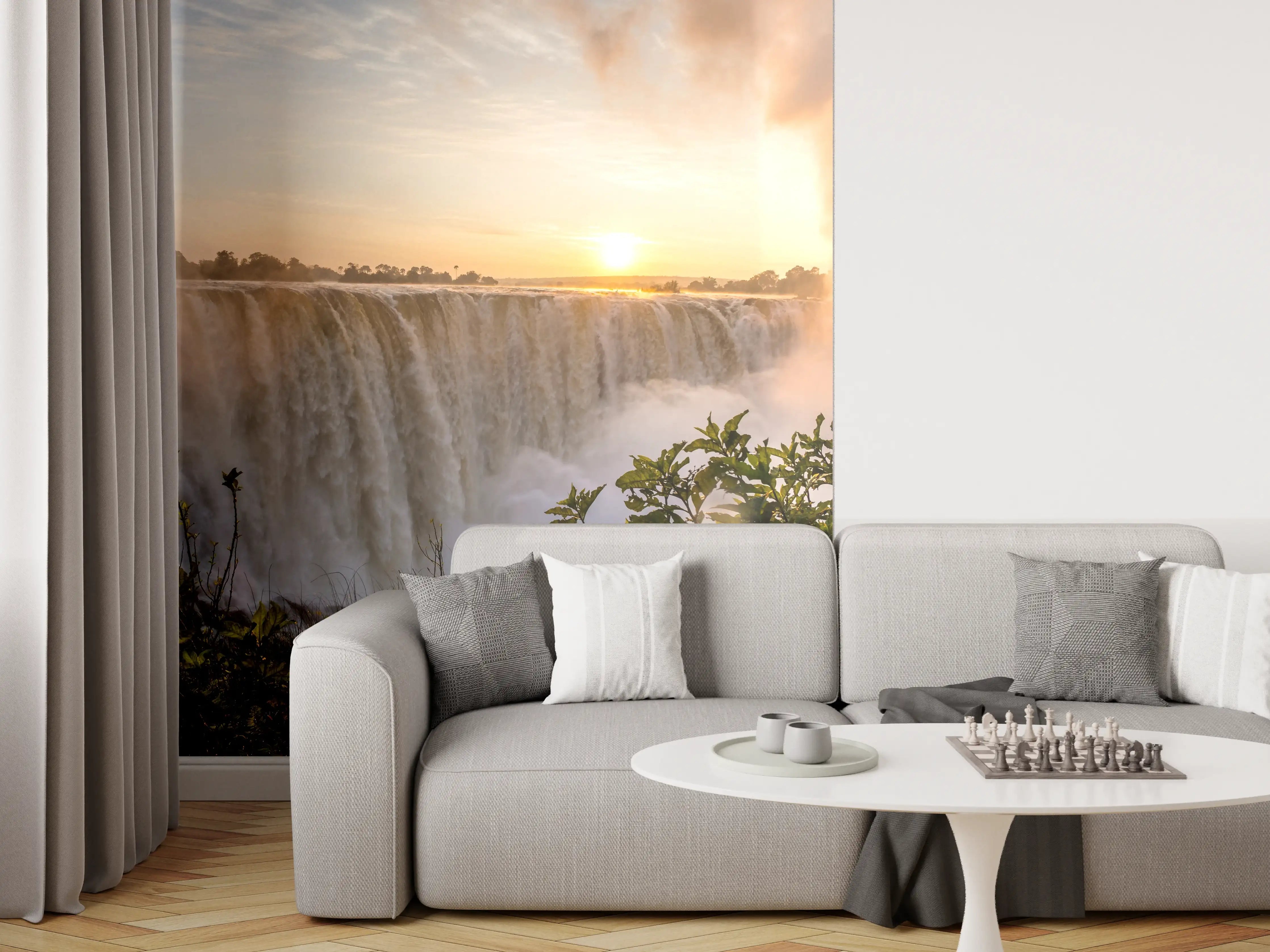 Wandverkleidung Wohnzimmer - Sanfter Grauwasserfall im Abendlicht