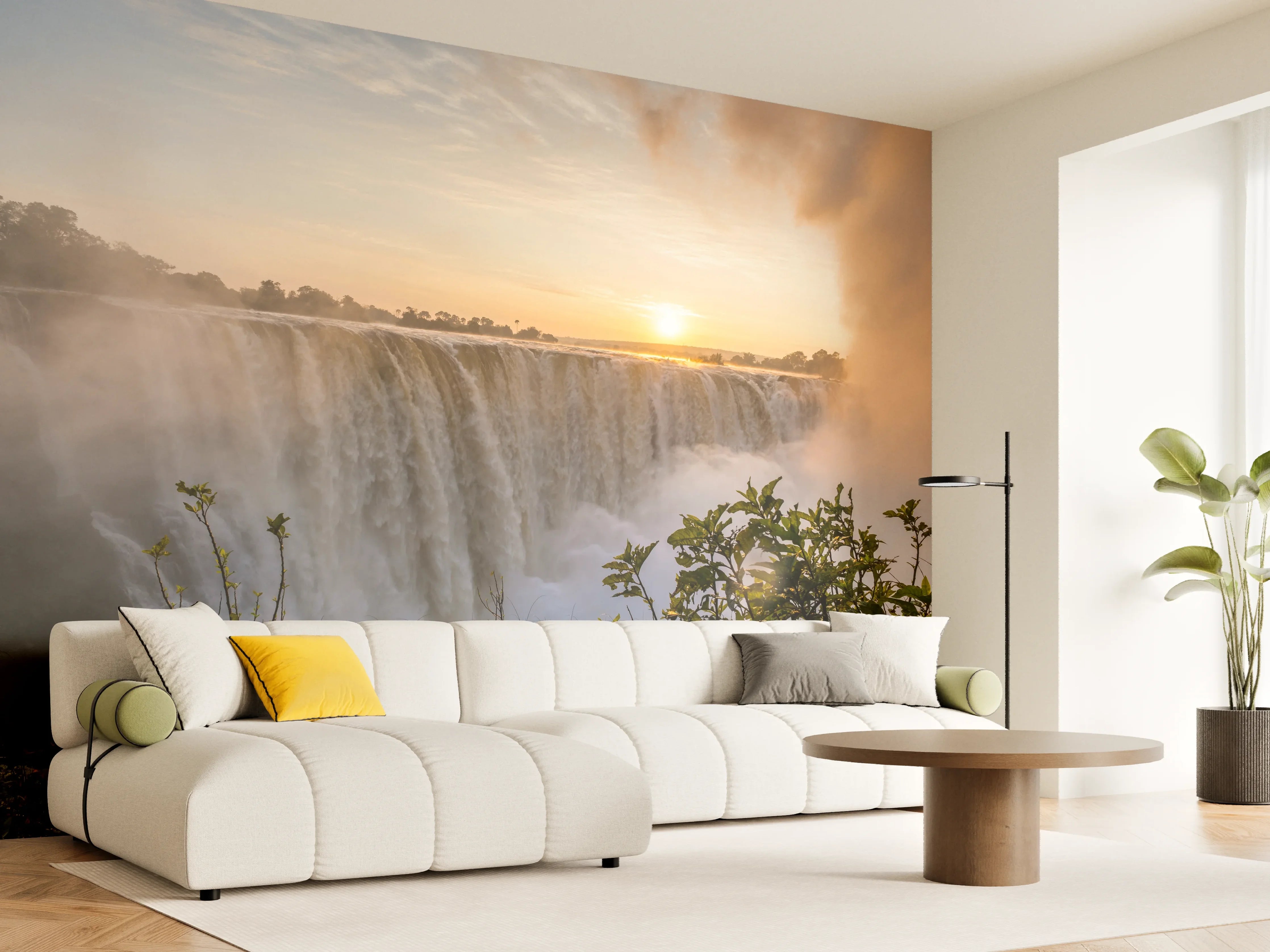 Wandverkleidung Wohnzimmer - Sanfter Grauwasserfall im Abendlicht