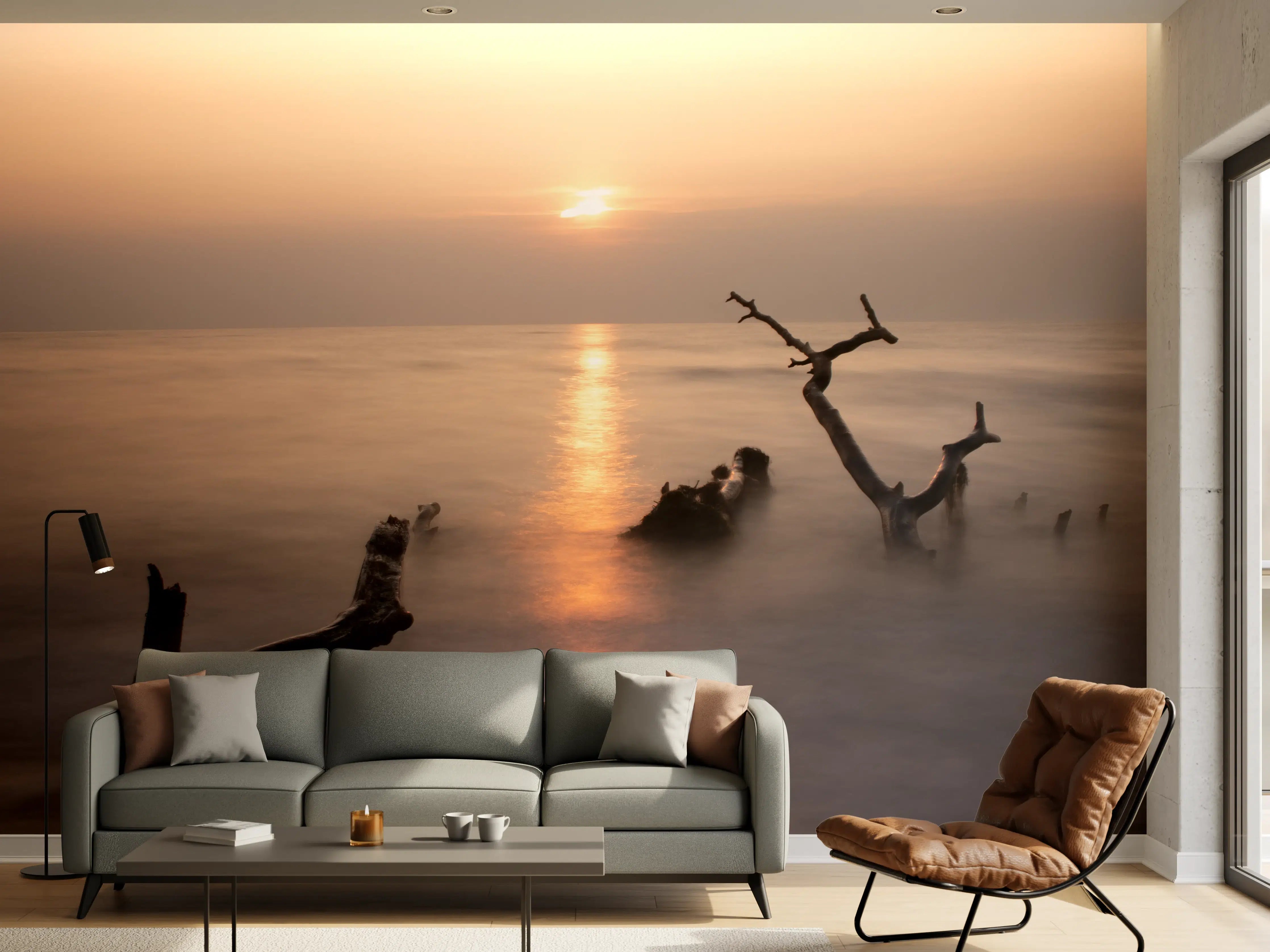 Wandverkleidung Wohnzimmer - Sanfter Sonnenuntergang am Meer