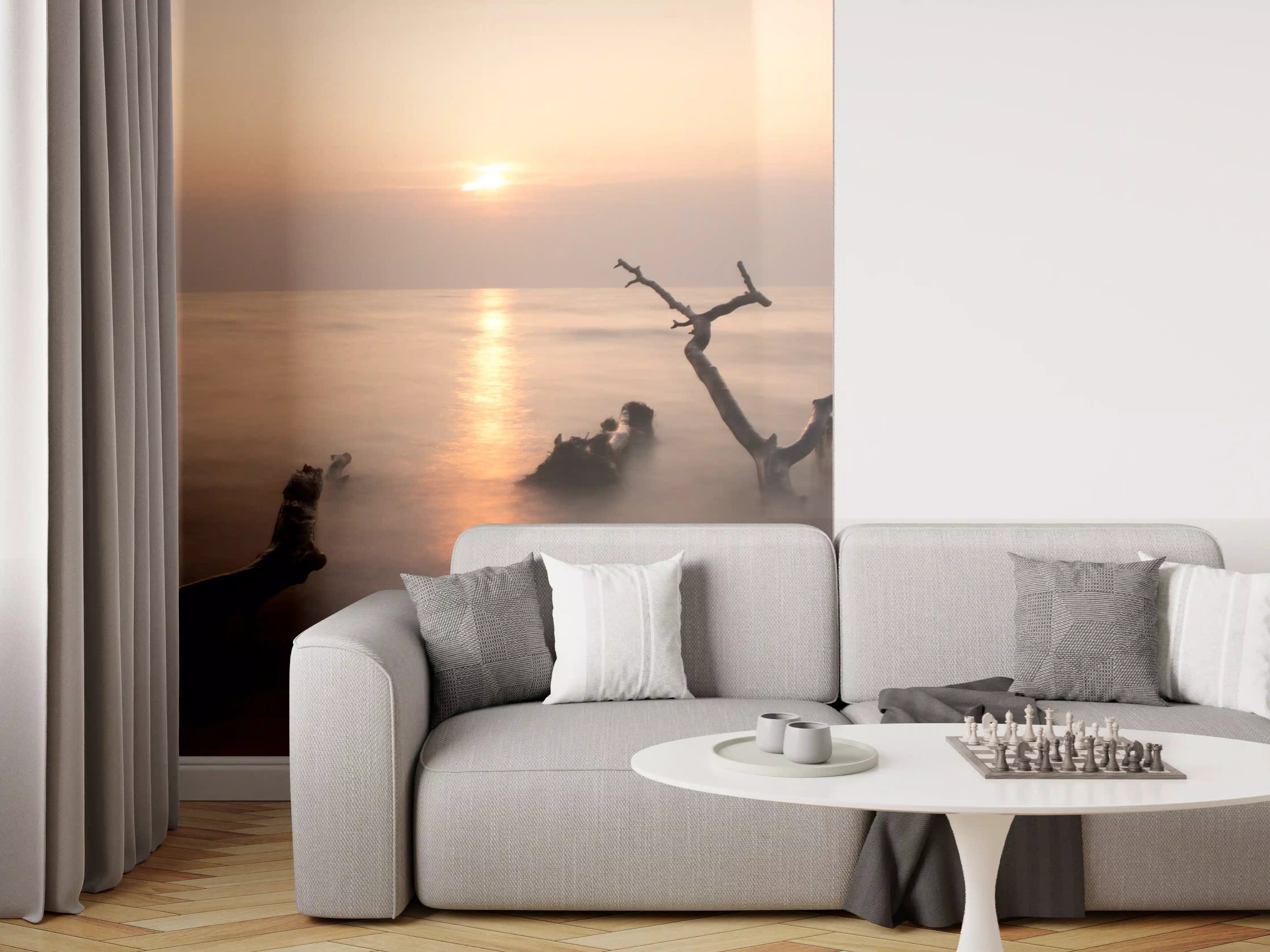 Wandverkleidung Wohnzimmer - Sanfter Sonnenuntergang am Meer