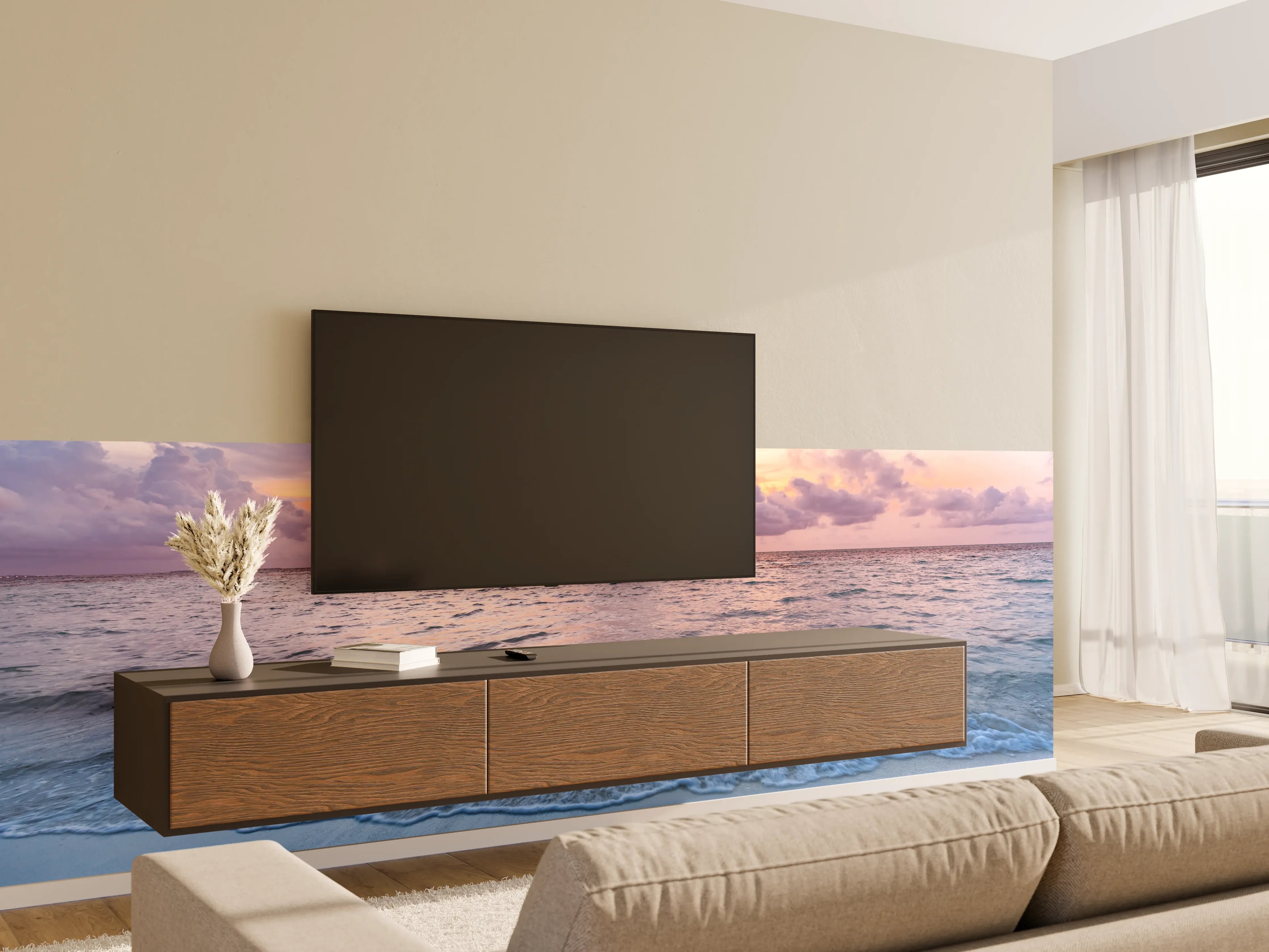 Wandverkleidung Wohnzimmer - Sanfter Sonnenuntergang über grauem Meer