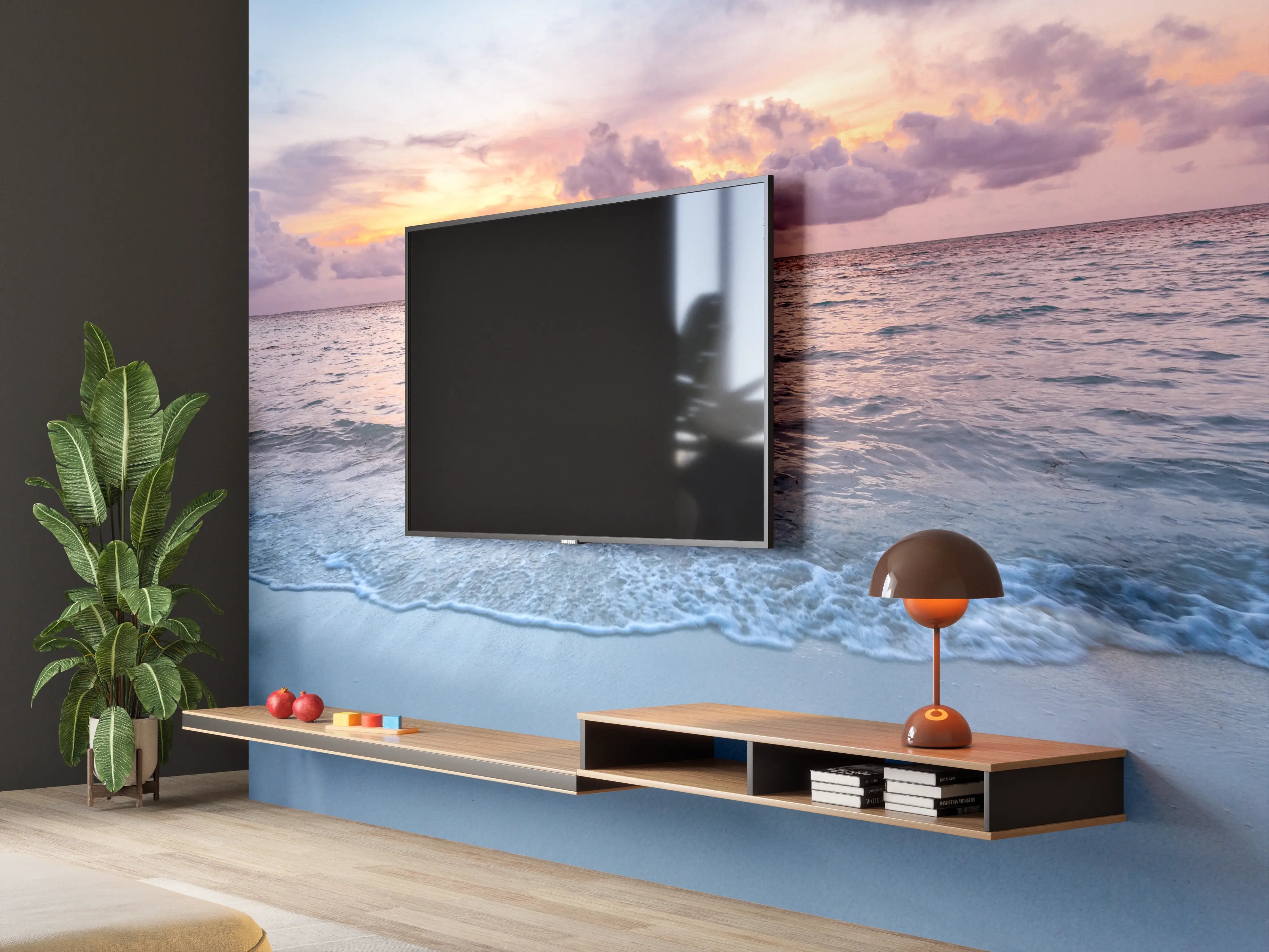 Wandverkleidung Wohnzimmer - Sanfter Sonnenuntergang über grauem Meer