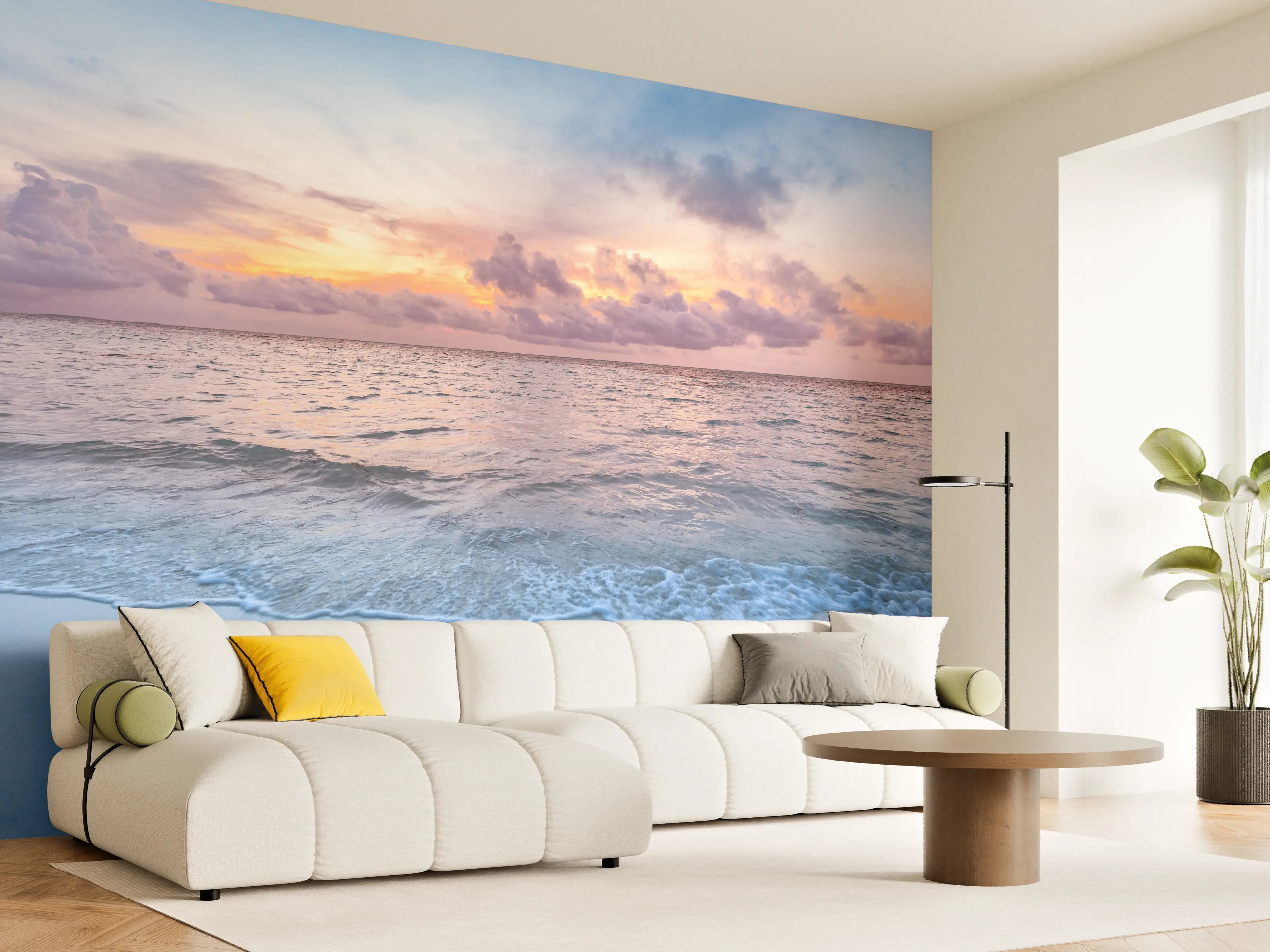 Wandverkleidung Wohnzimmer - Sanfter Sonnenuntergang über grauem Meer