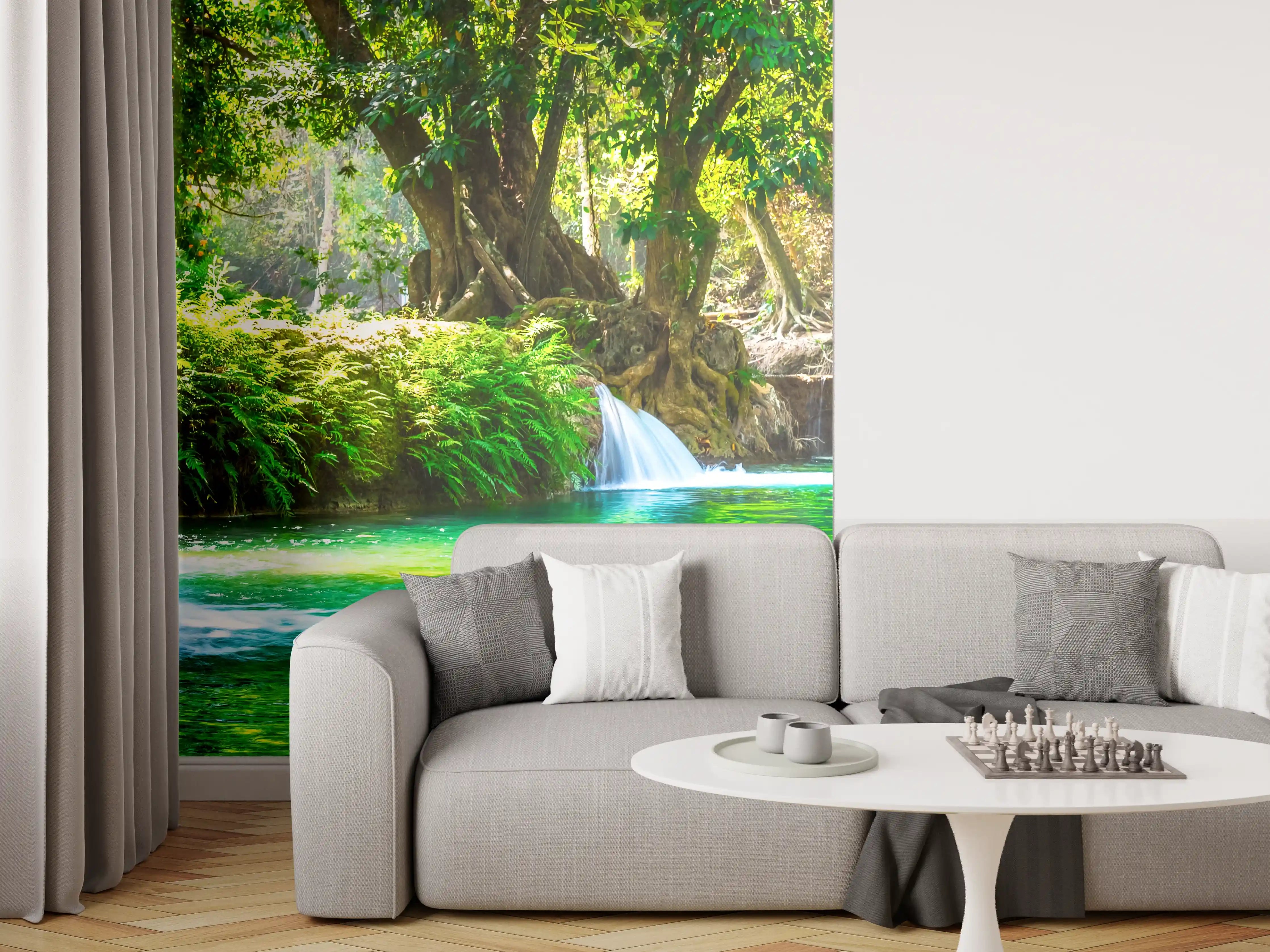 Wandverkleidung Wohnzimmer - Sanfter Wasserfall im grauen Grün