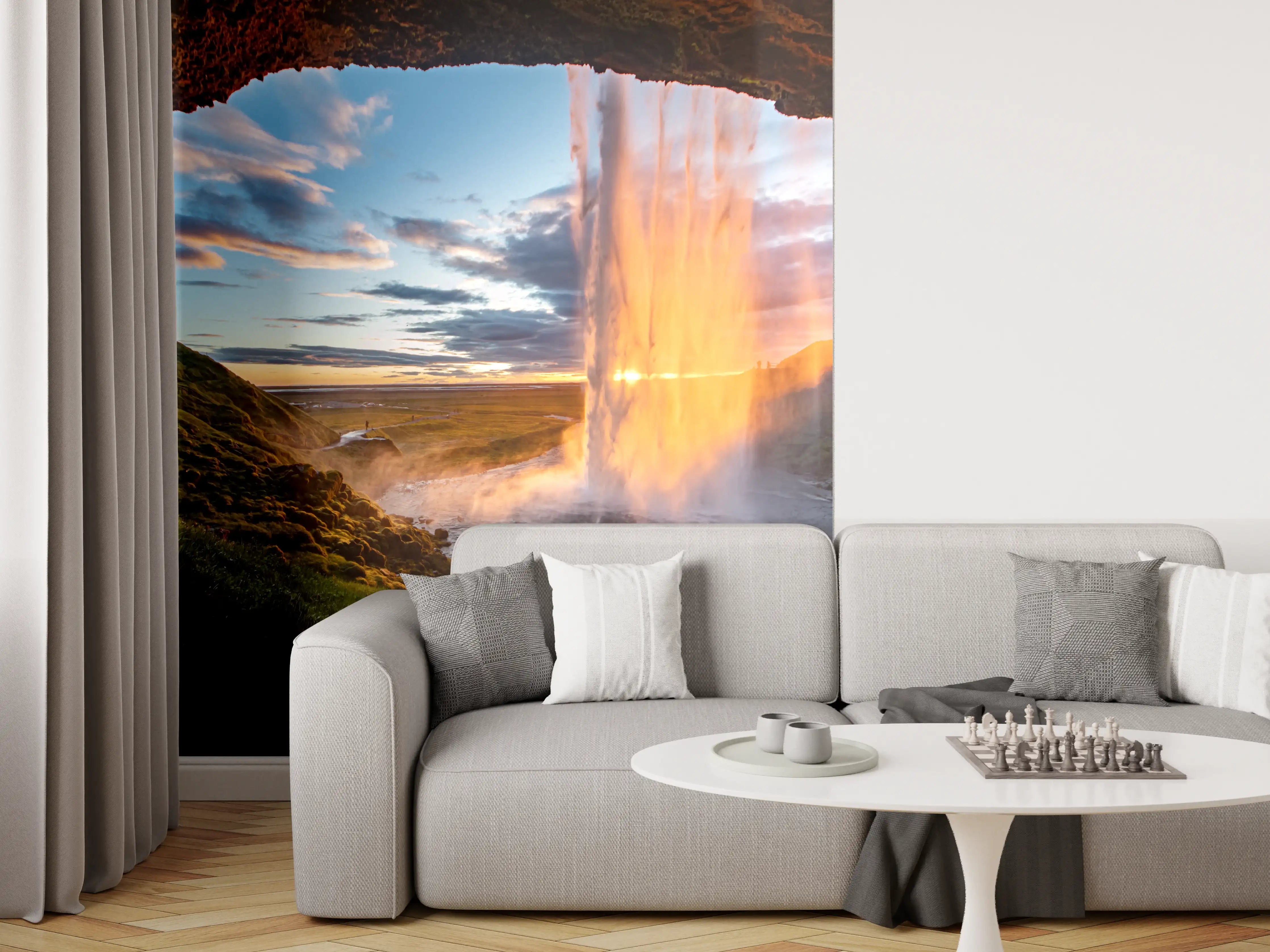 Wandverkleidung Wohnzimmer - Sanfter Wasserfall im grauen Licht