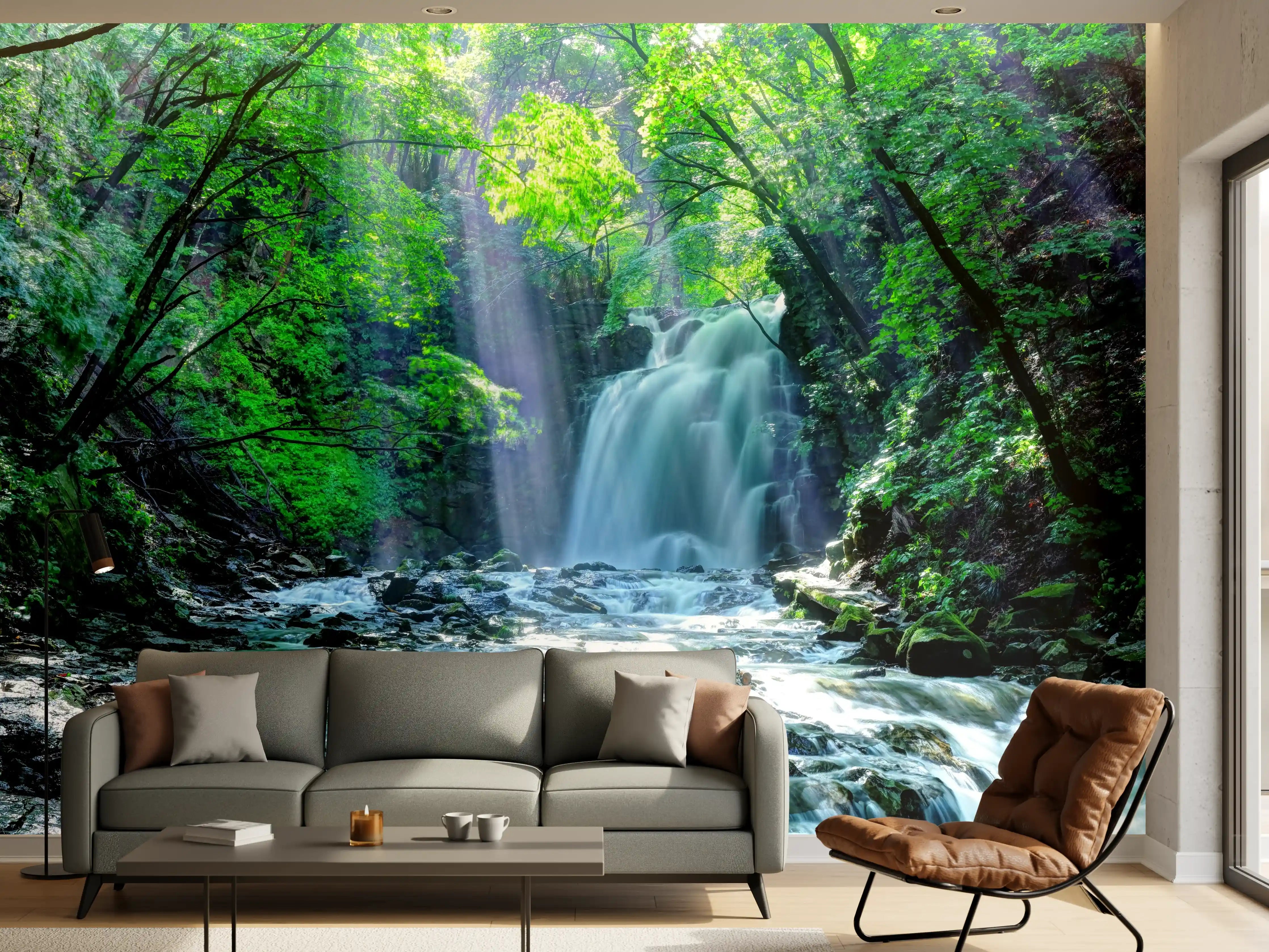 Wandverkleidung Wohnzimmer - Sanfter Wasserfall im grauen Morgengrauen