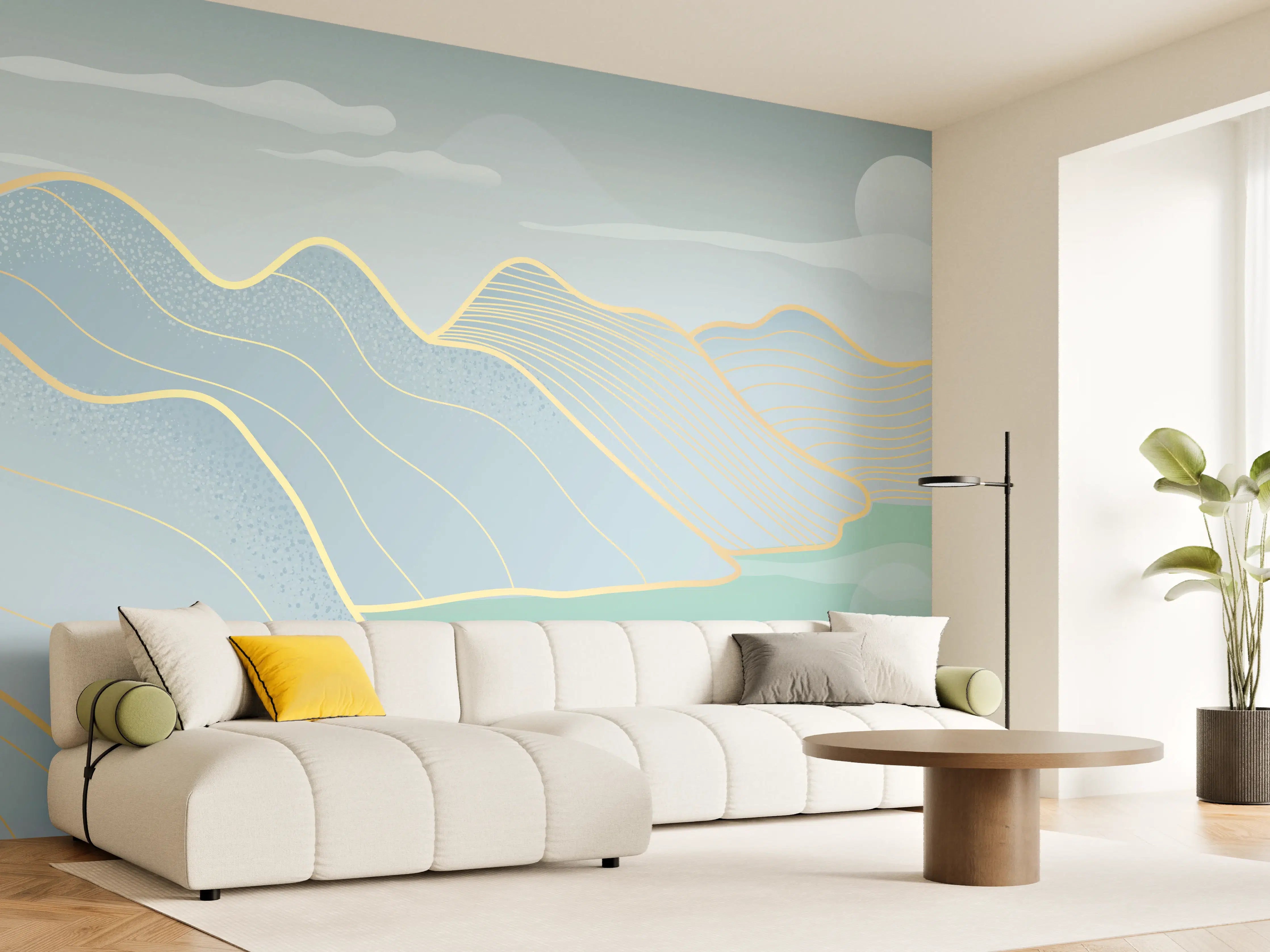 Wandverkleidung Wohnzimmer - Sanftes Blau Linien Panorama