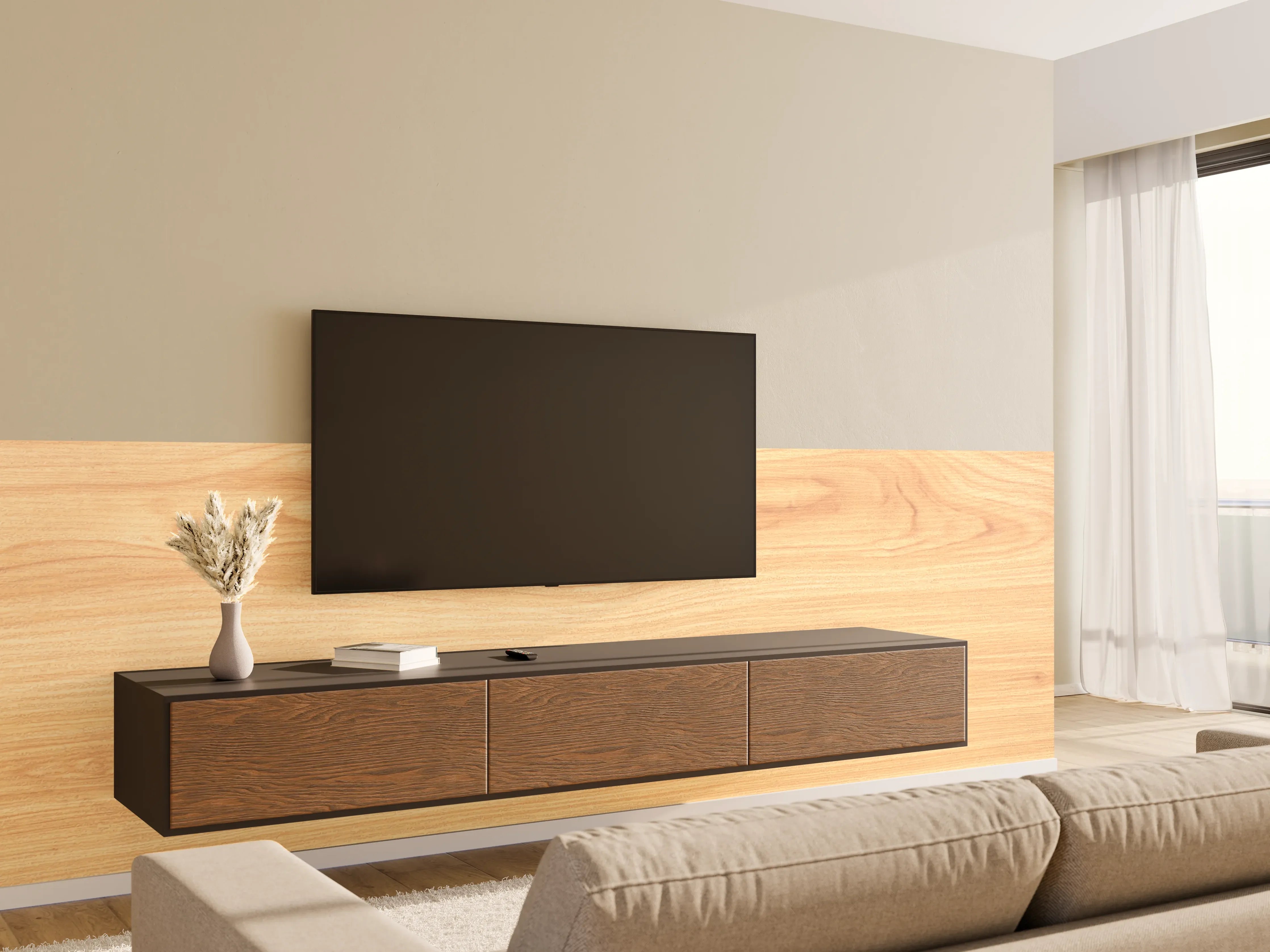 Wandverkleidung Wohnzimmer - Sanftes Grau-Holzdekor mit Weißakzenten