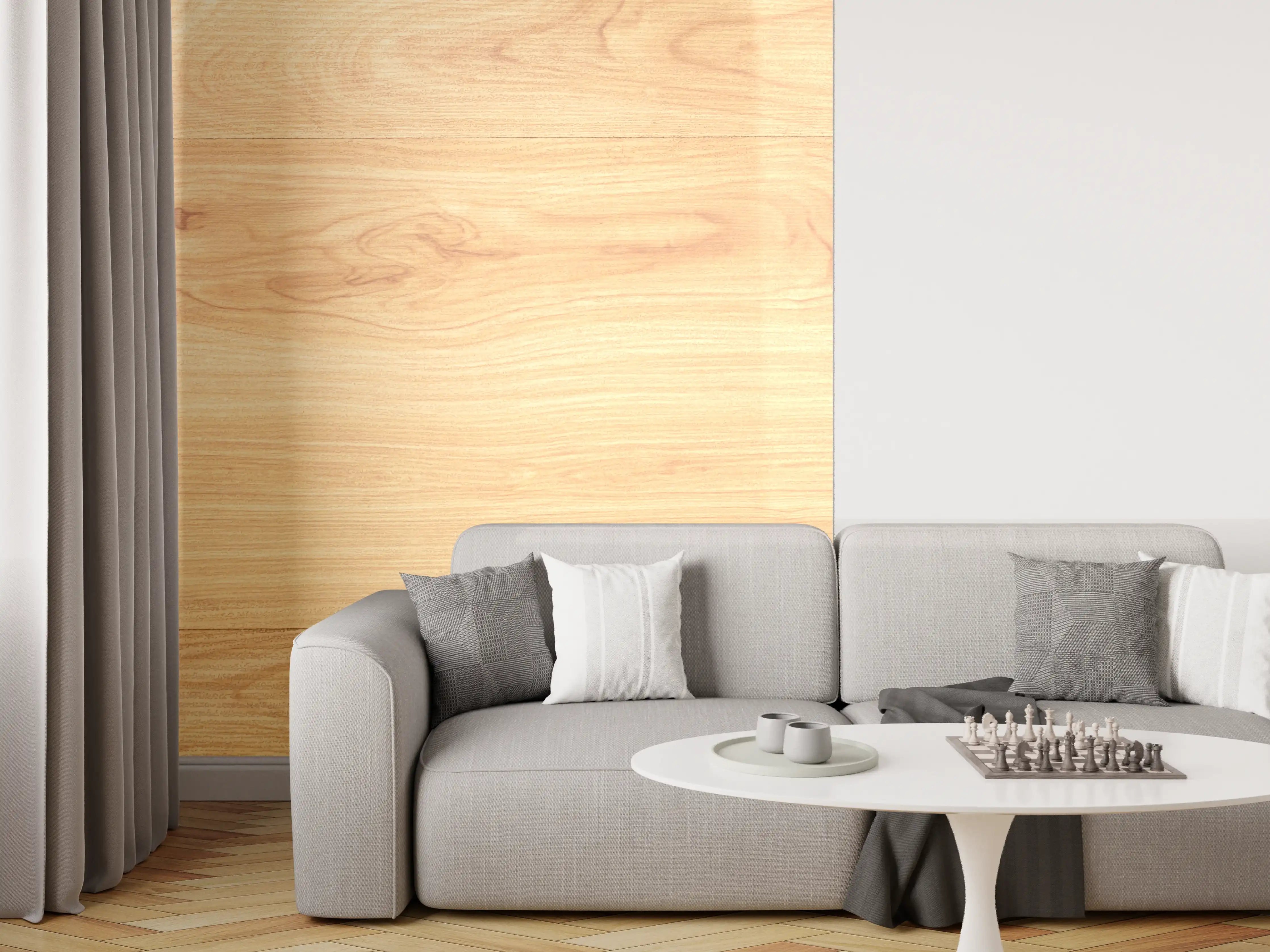 Wandverkleidung Wohnzimmer - Sanftes Grau-Holzdekor mit Weißakzenten