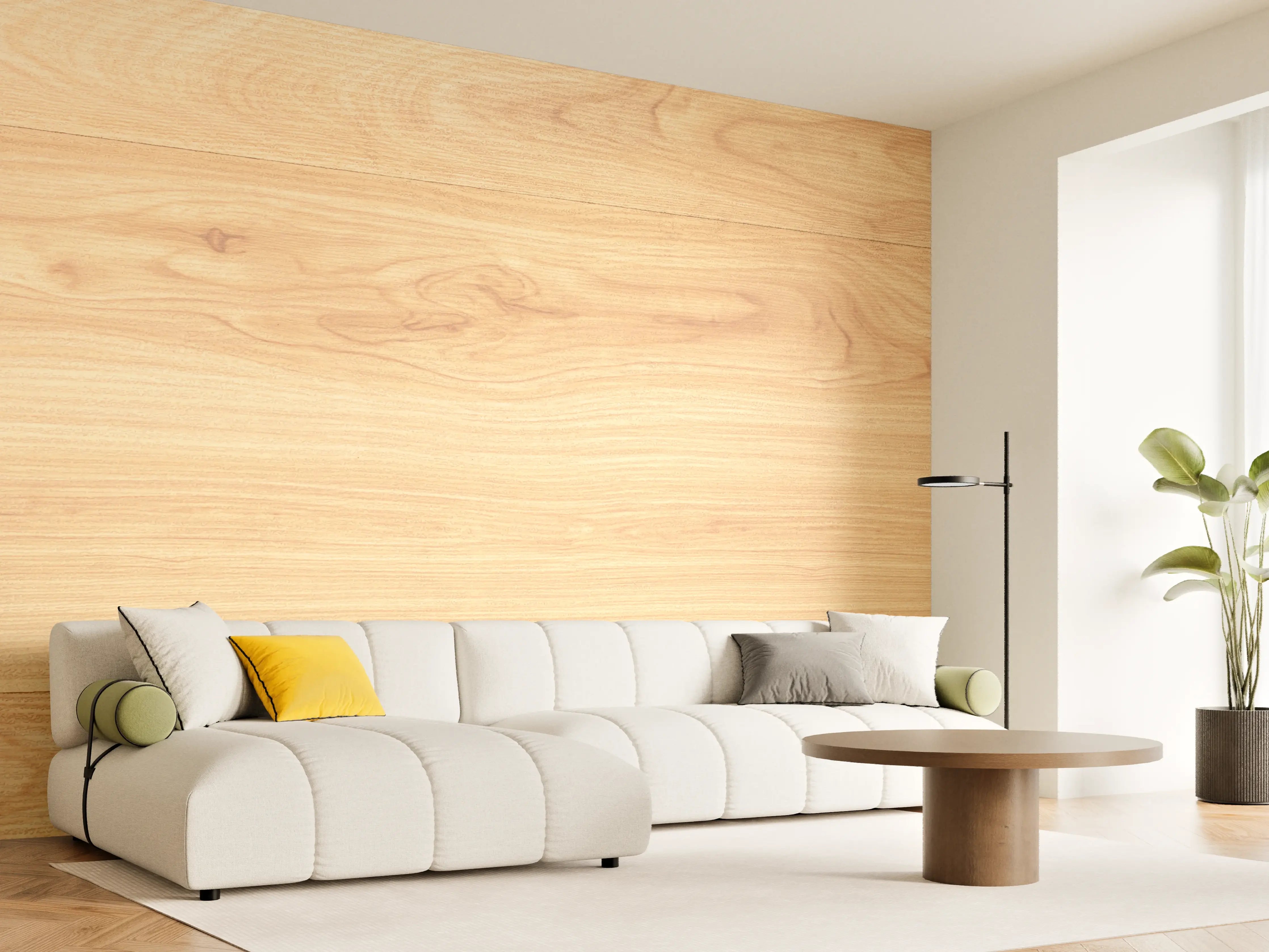 Wandverkleidung Wohnzimmer - Sanftes Grau-Holzdekor mit Weißakzenten