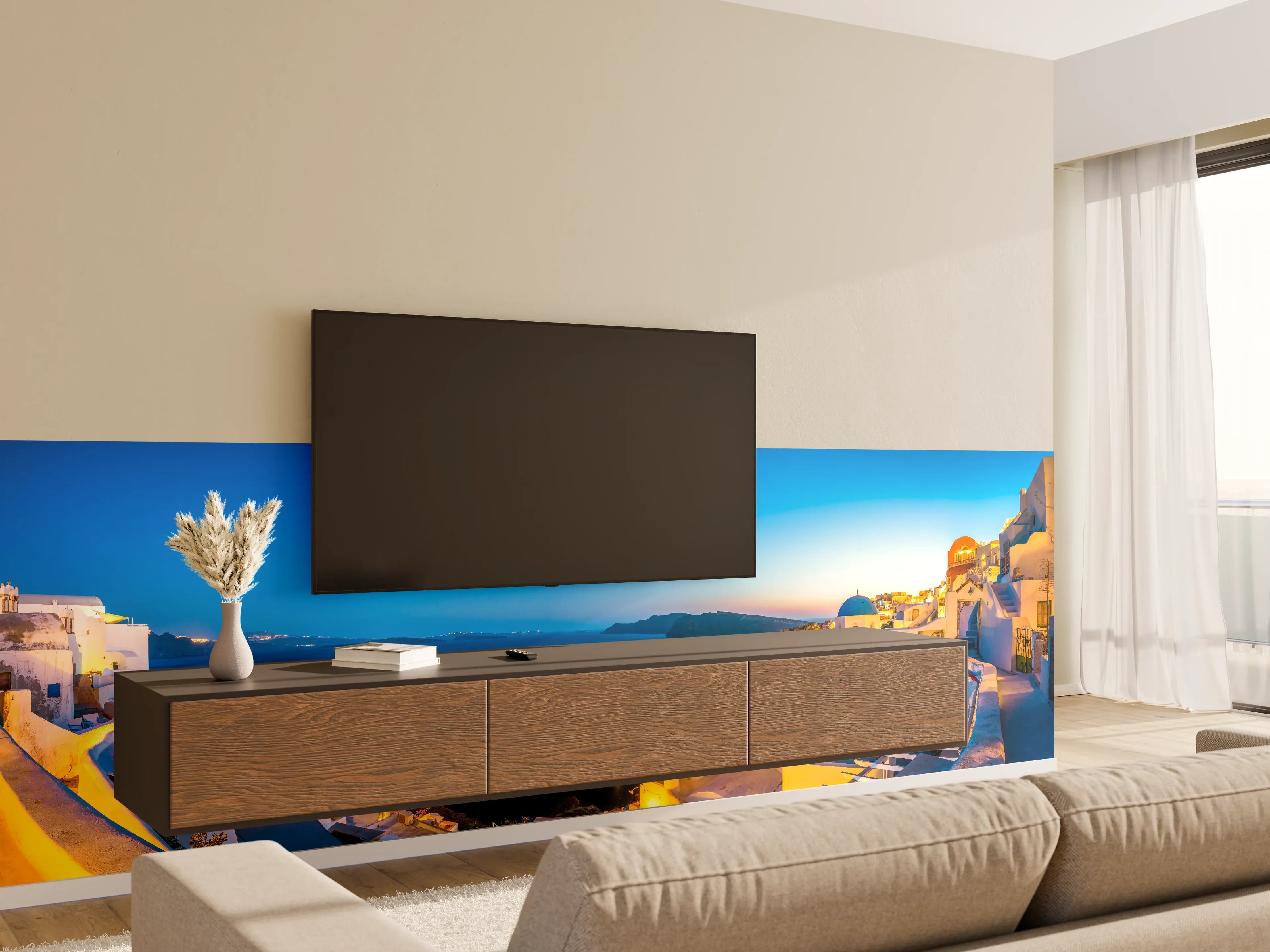 Wandverkleidung Wohnzimmer - Santorini Blau-Weiß Panorama