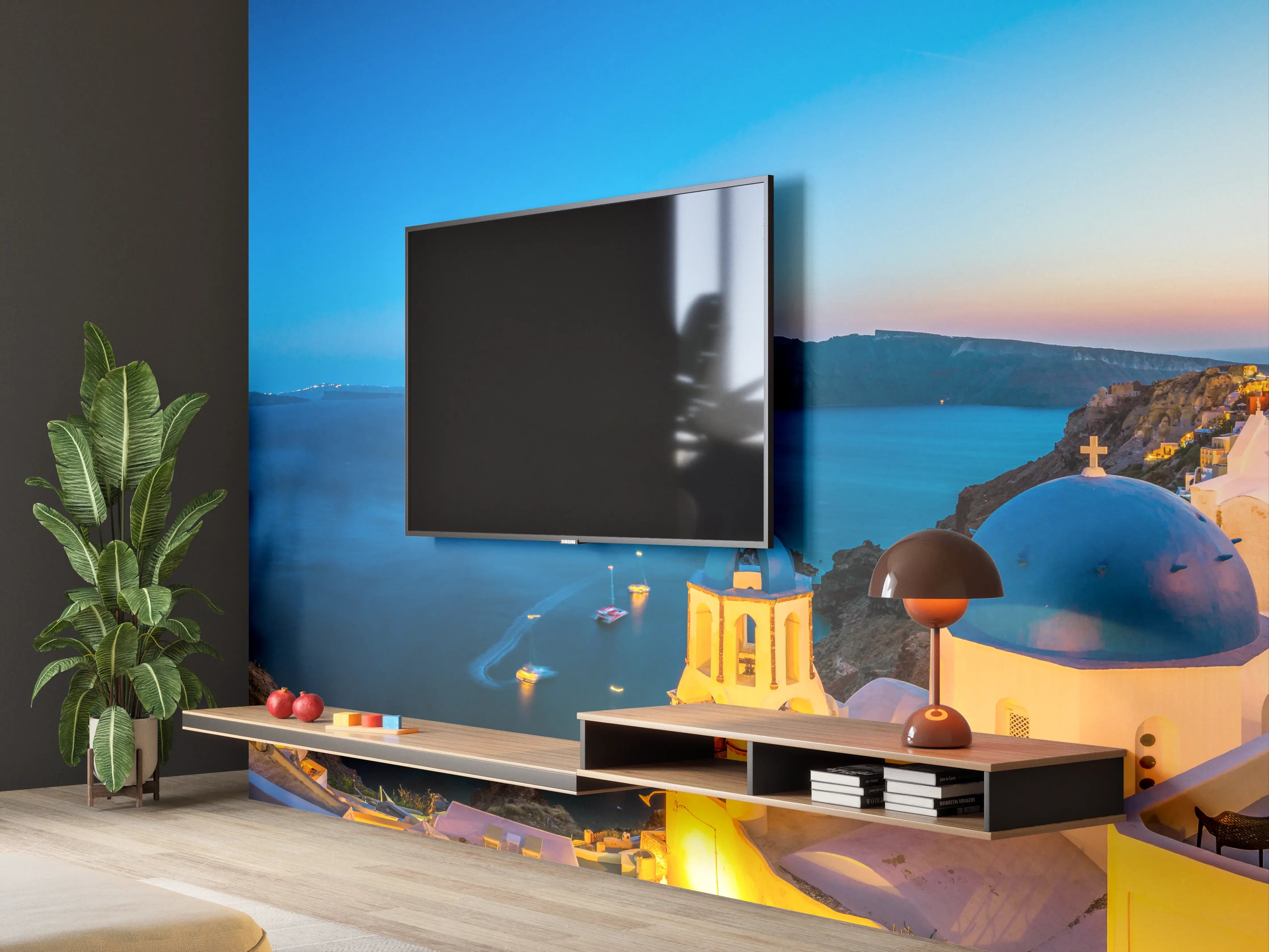 Wandverkleidung Wohnzimmer - Santorini Blau-Weiß Panorama