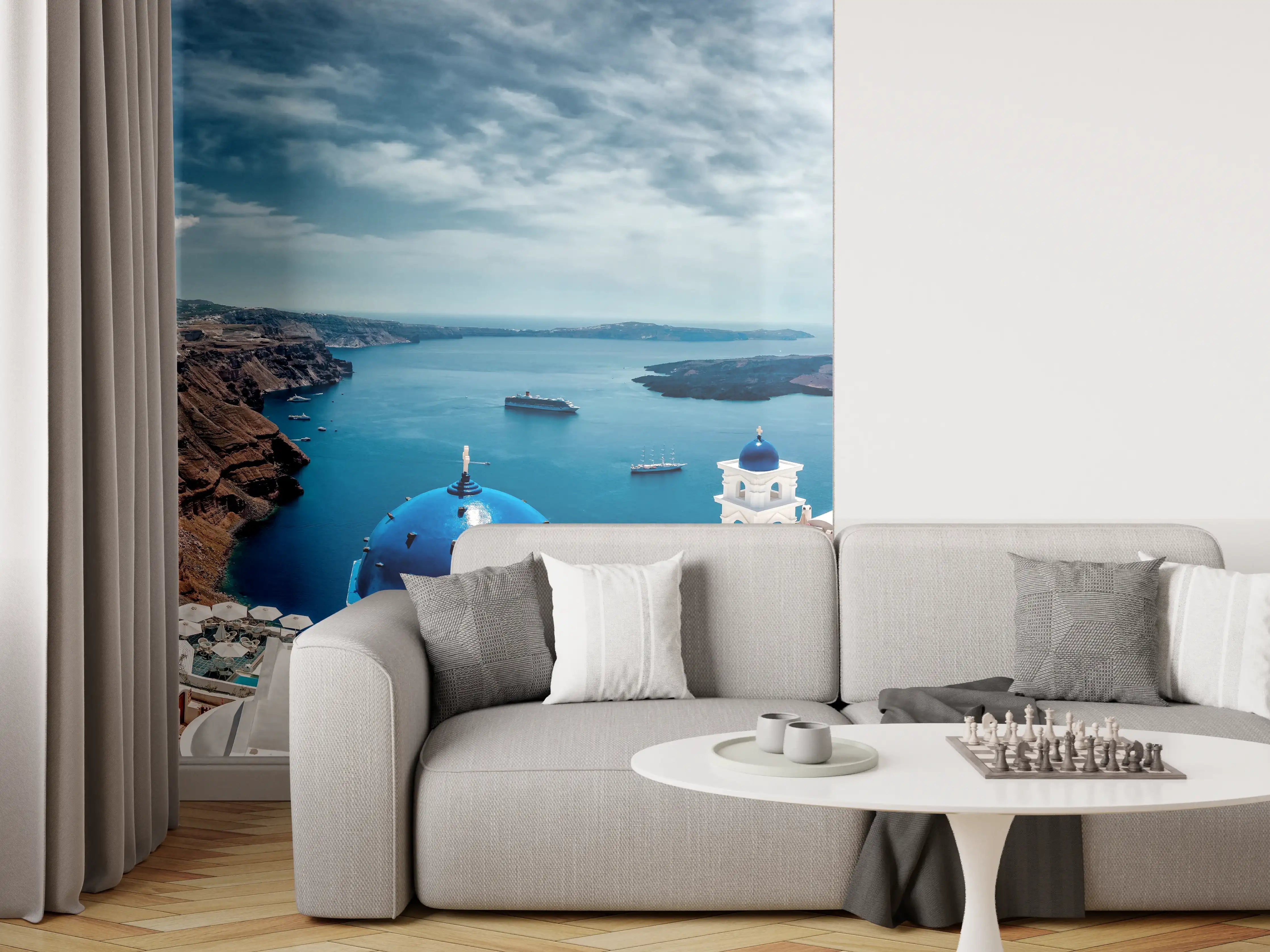 Wandverkleidung Wohnzimmer - Santorini Blau-Weiß Panoramablick