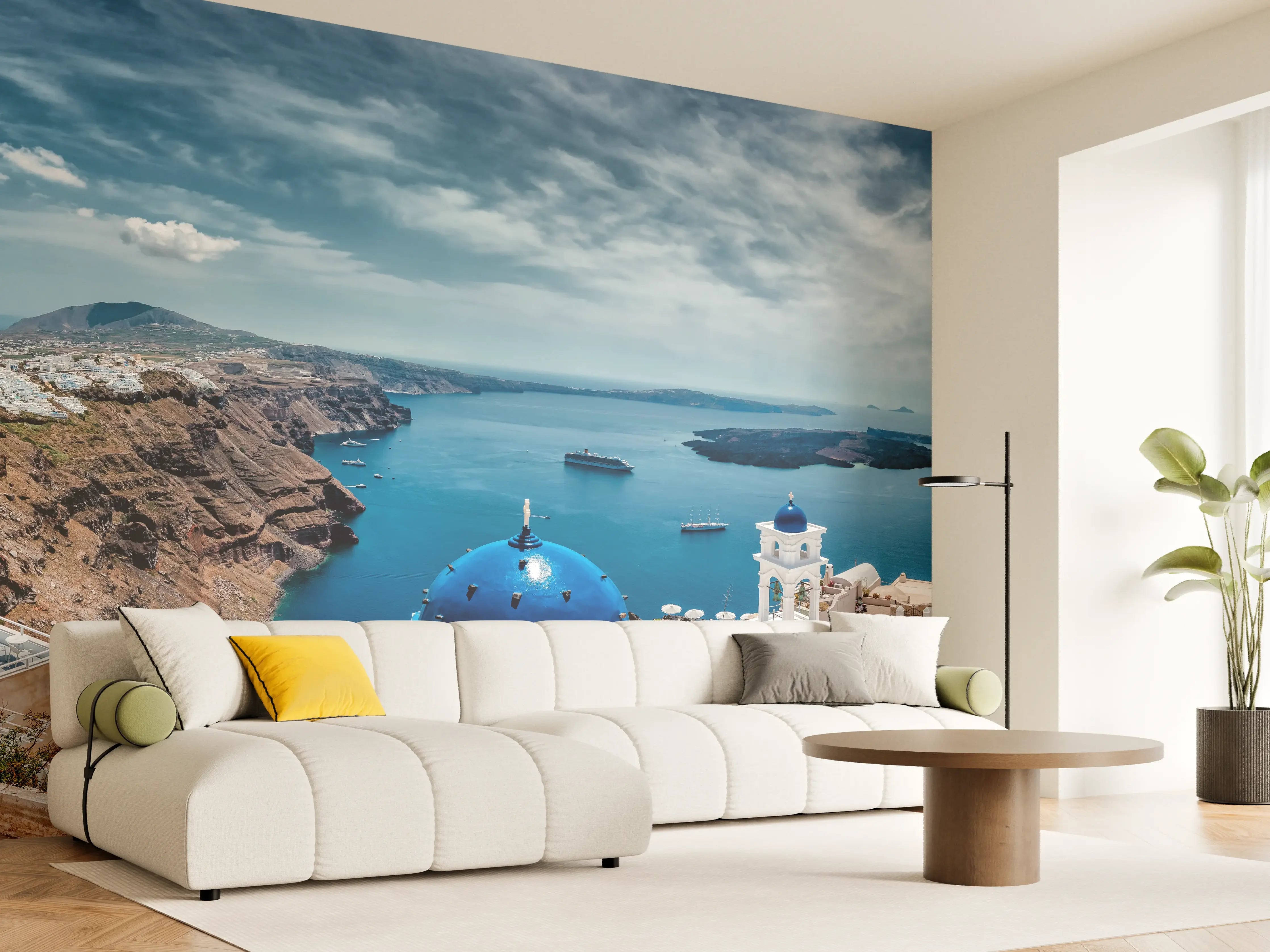 Wandverkleidung Wohnzimmer - Santorini Blau-Weiß Panoramablick