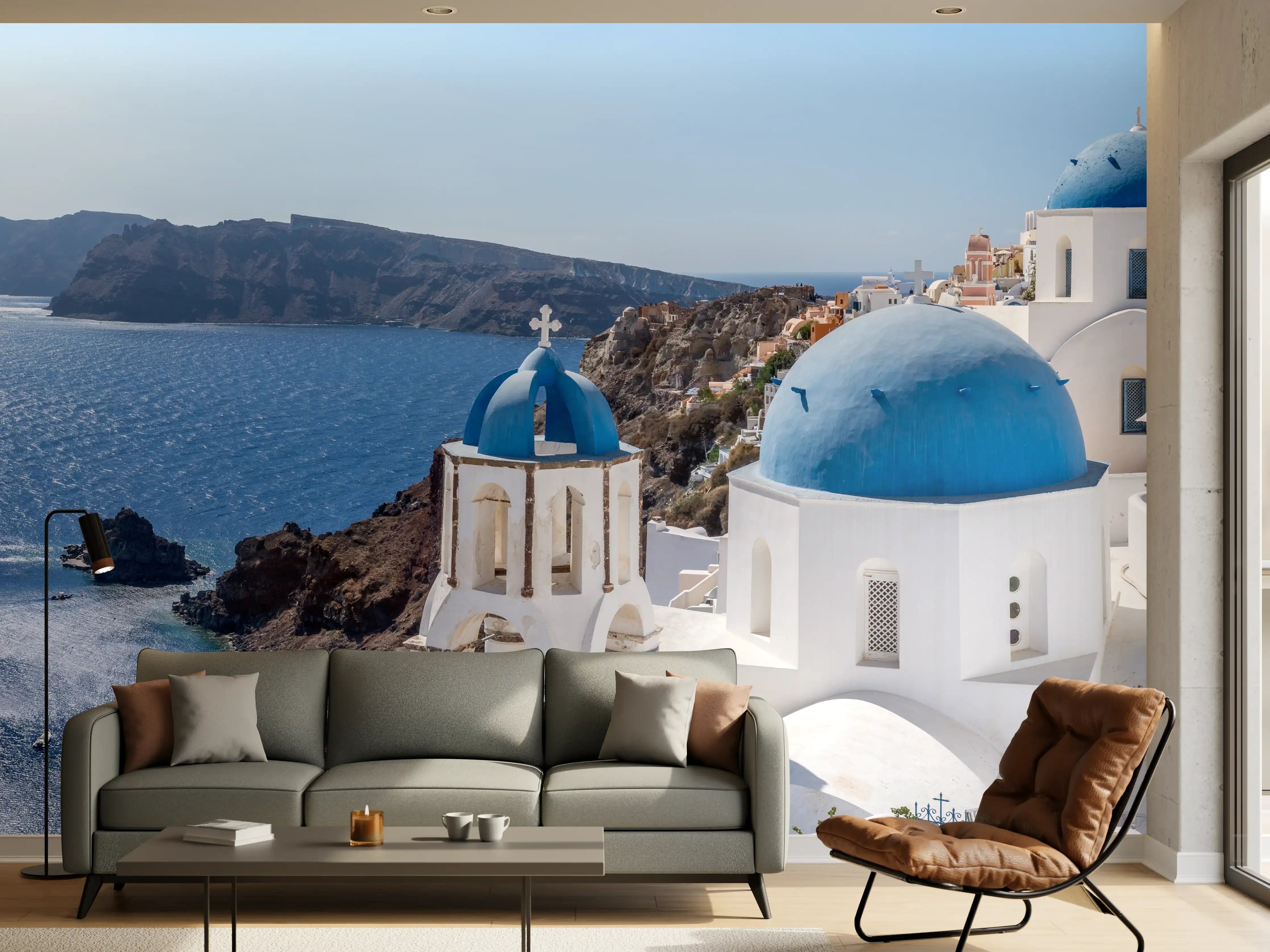 Wandverkleidung Wohnzimmer - Santorini Blau-Weiß Skyline