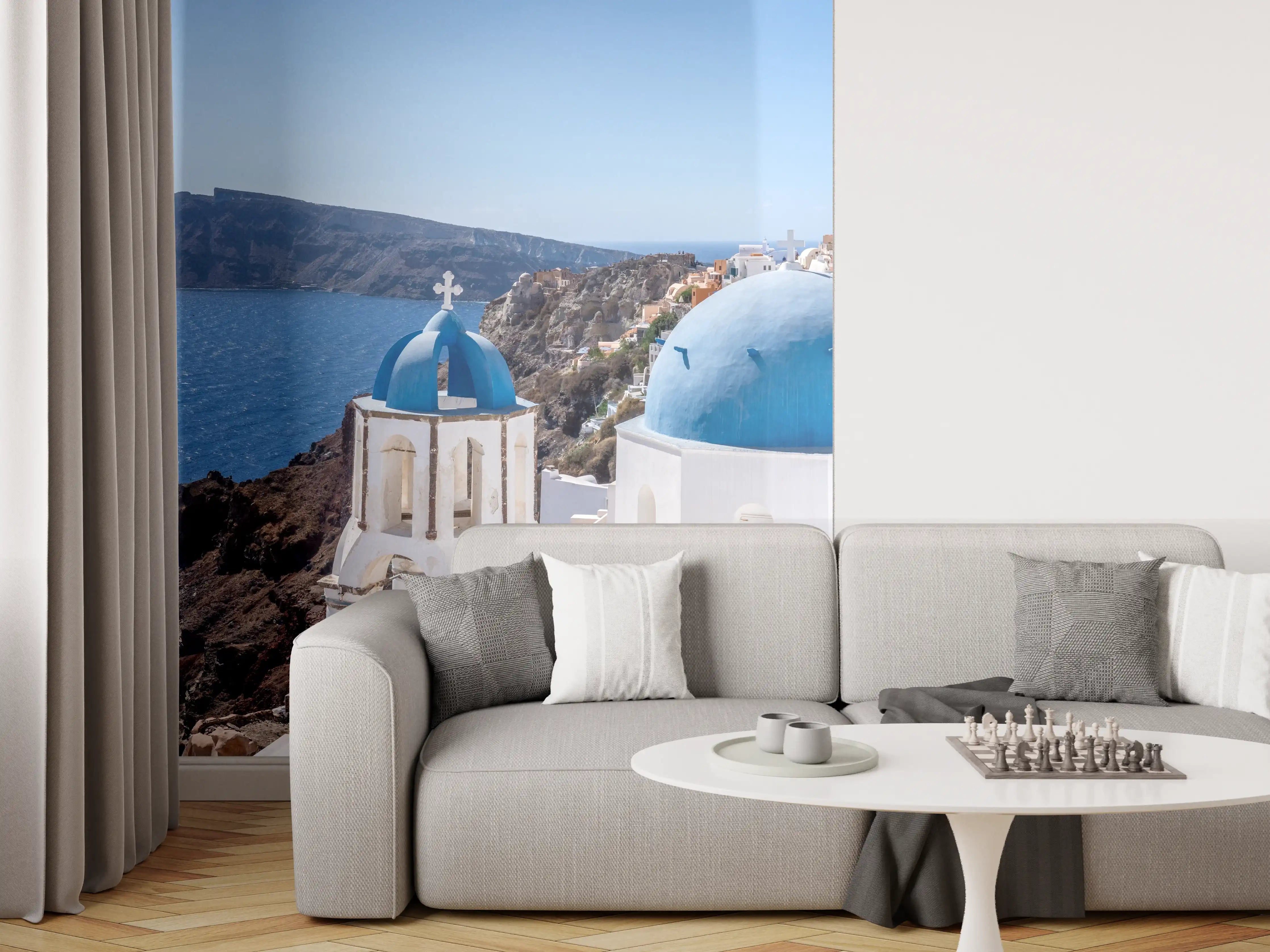 Wandverkleidung Wohnzimmer - Santorini Blau-Weiß Skyline