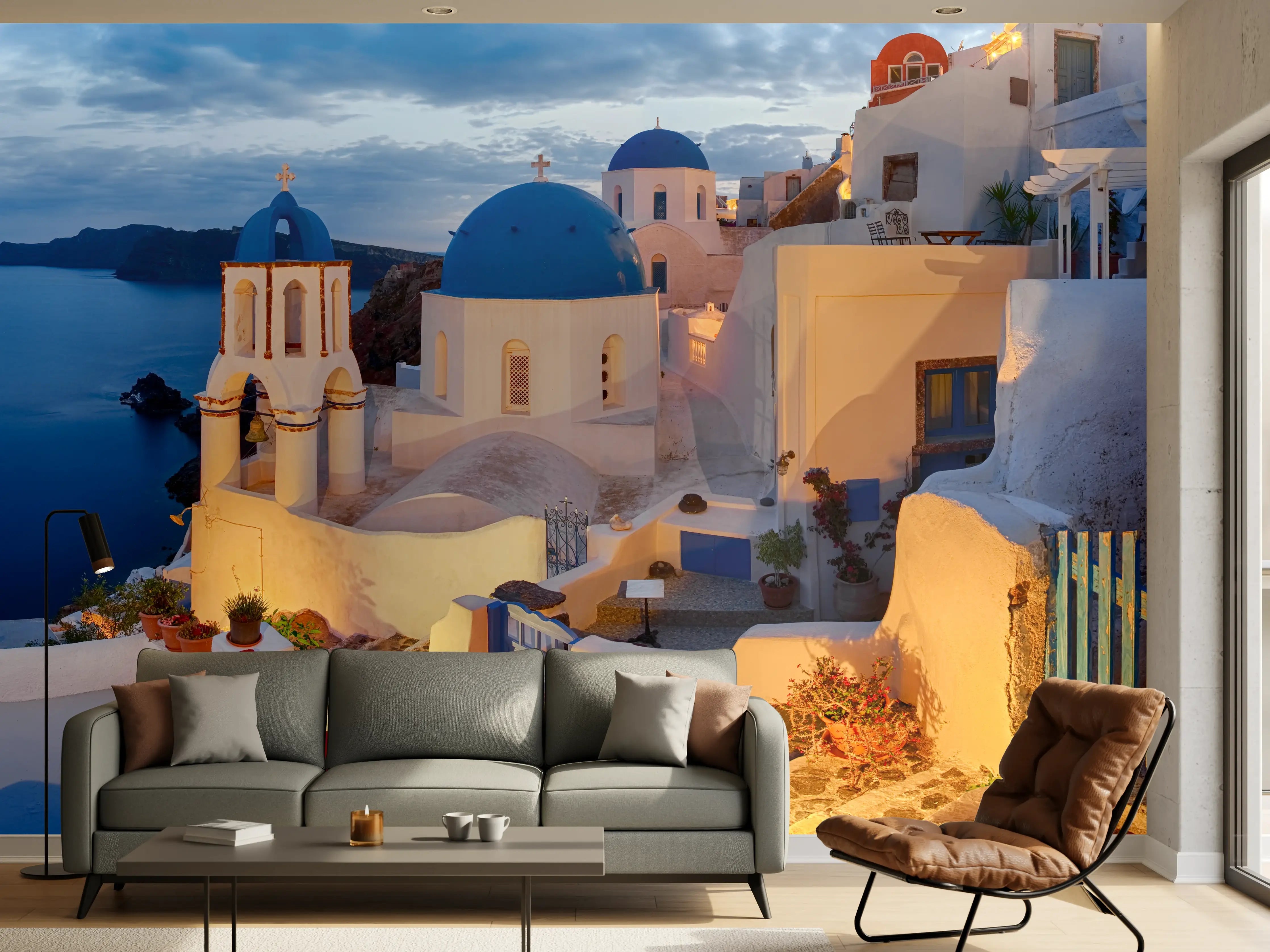 Wandverkleidung Wohnzimmer - Santorini Skyline in Blau und Weiß