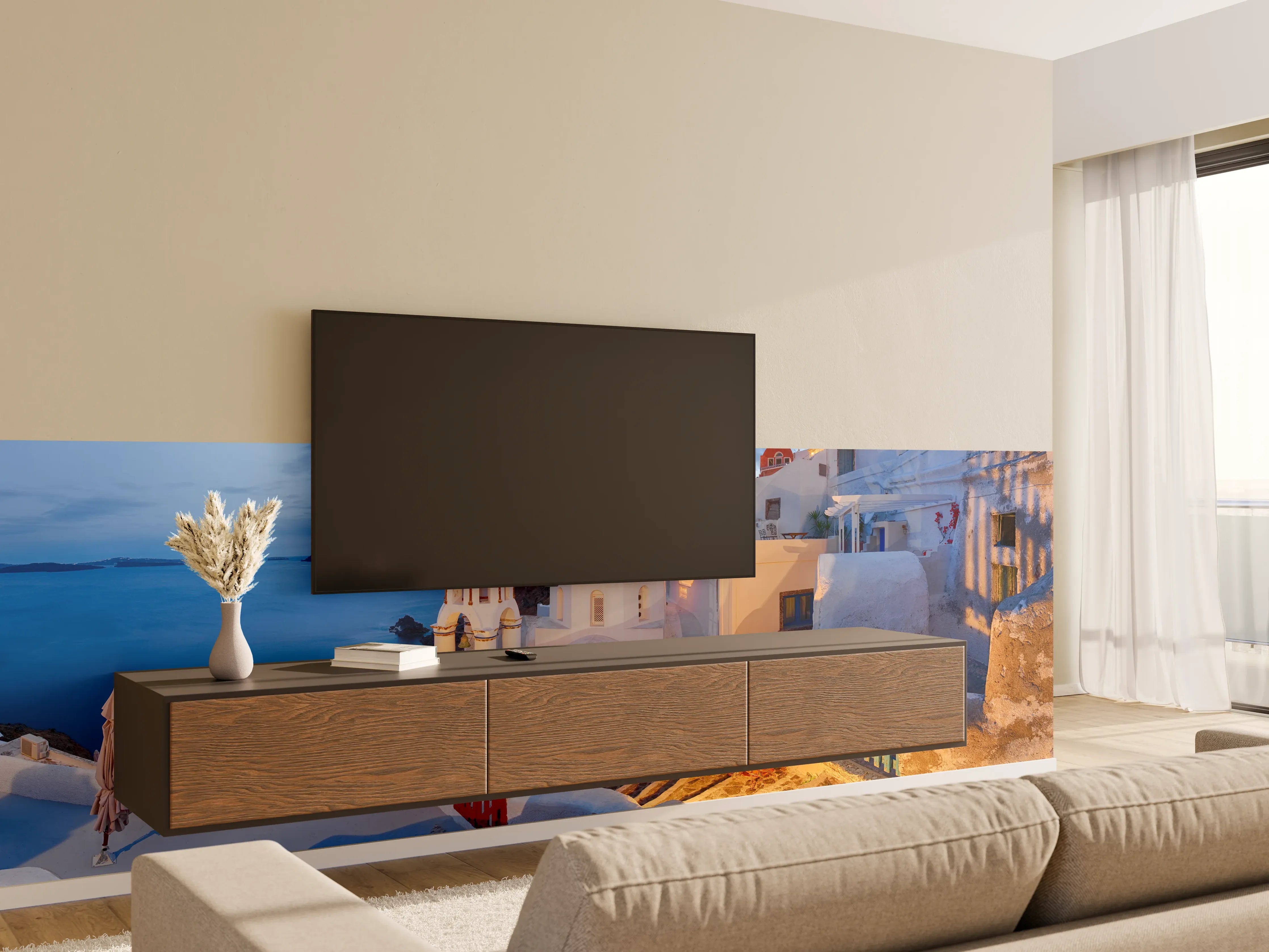 Wandverkleidung Wohnzimmer - Santorini Skyline in Blau und Weiß