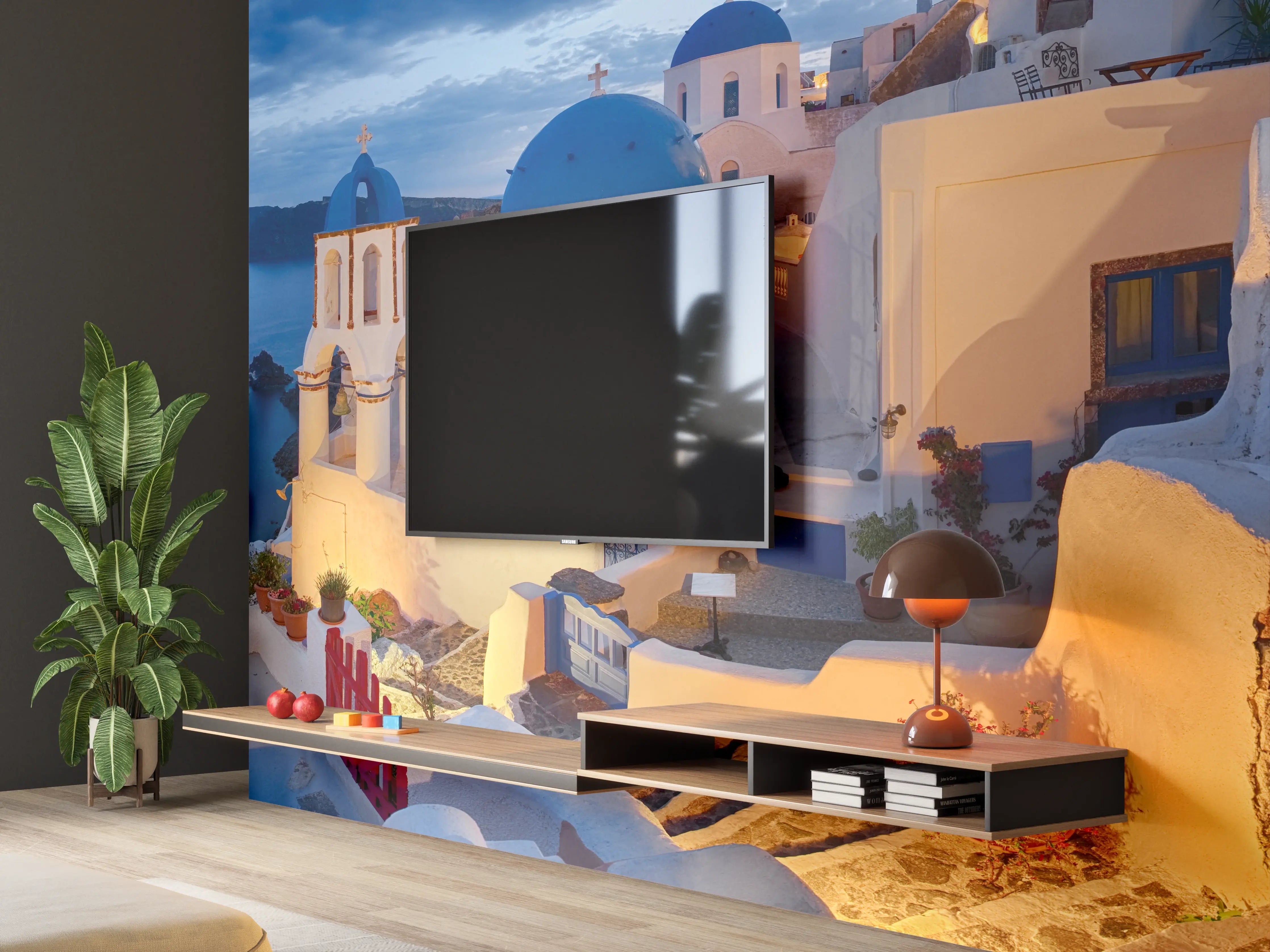 Wandverkleidung Wohnzimmer - Santorini Skyline in Blau und Weiß