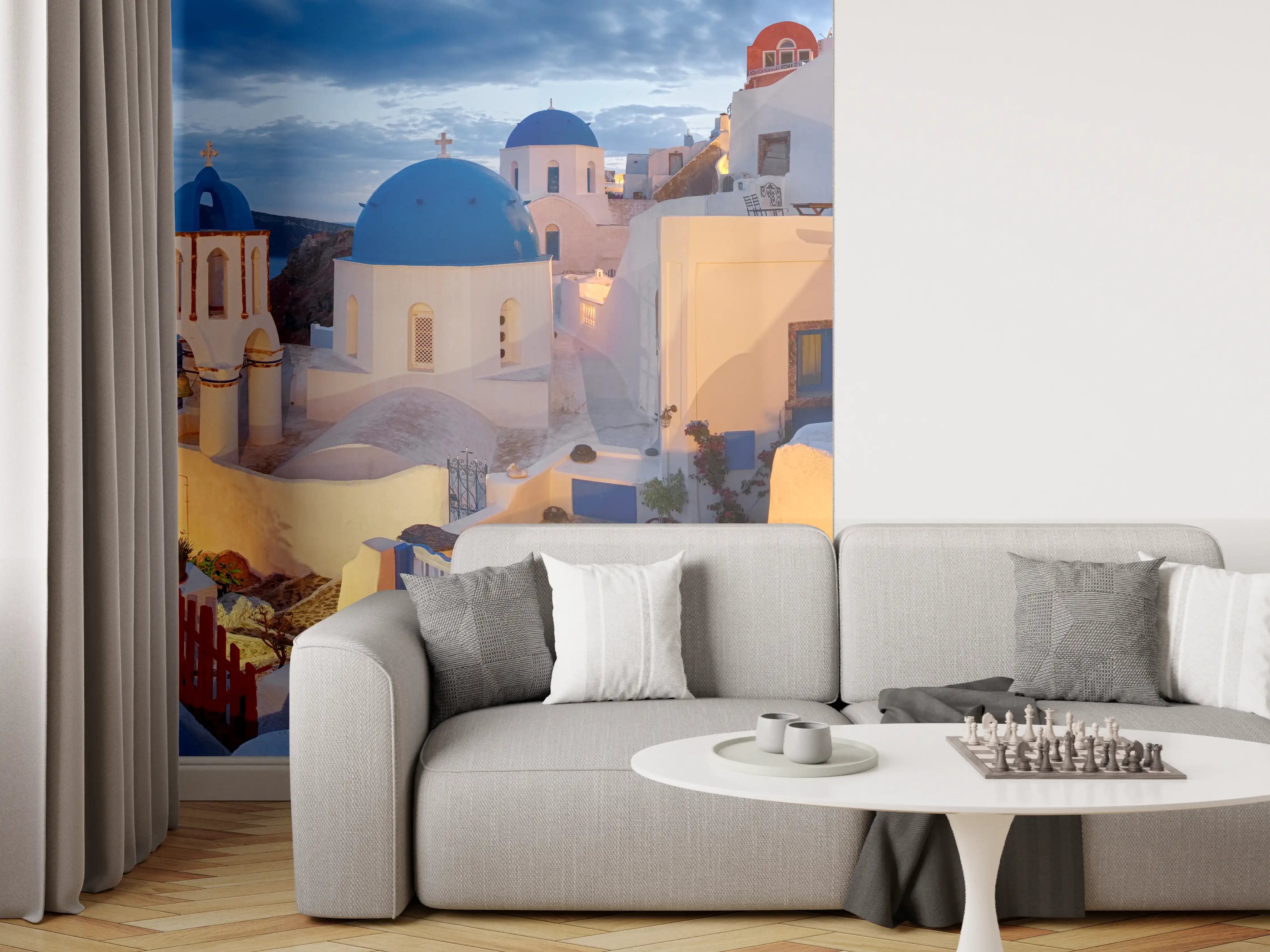 Wandverkleidung Wohnzimmer - Santorini Skyline in Blau und Weiß
