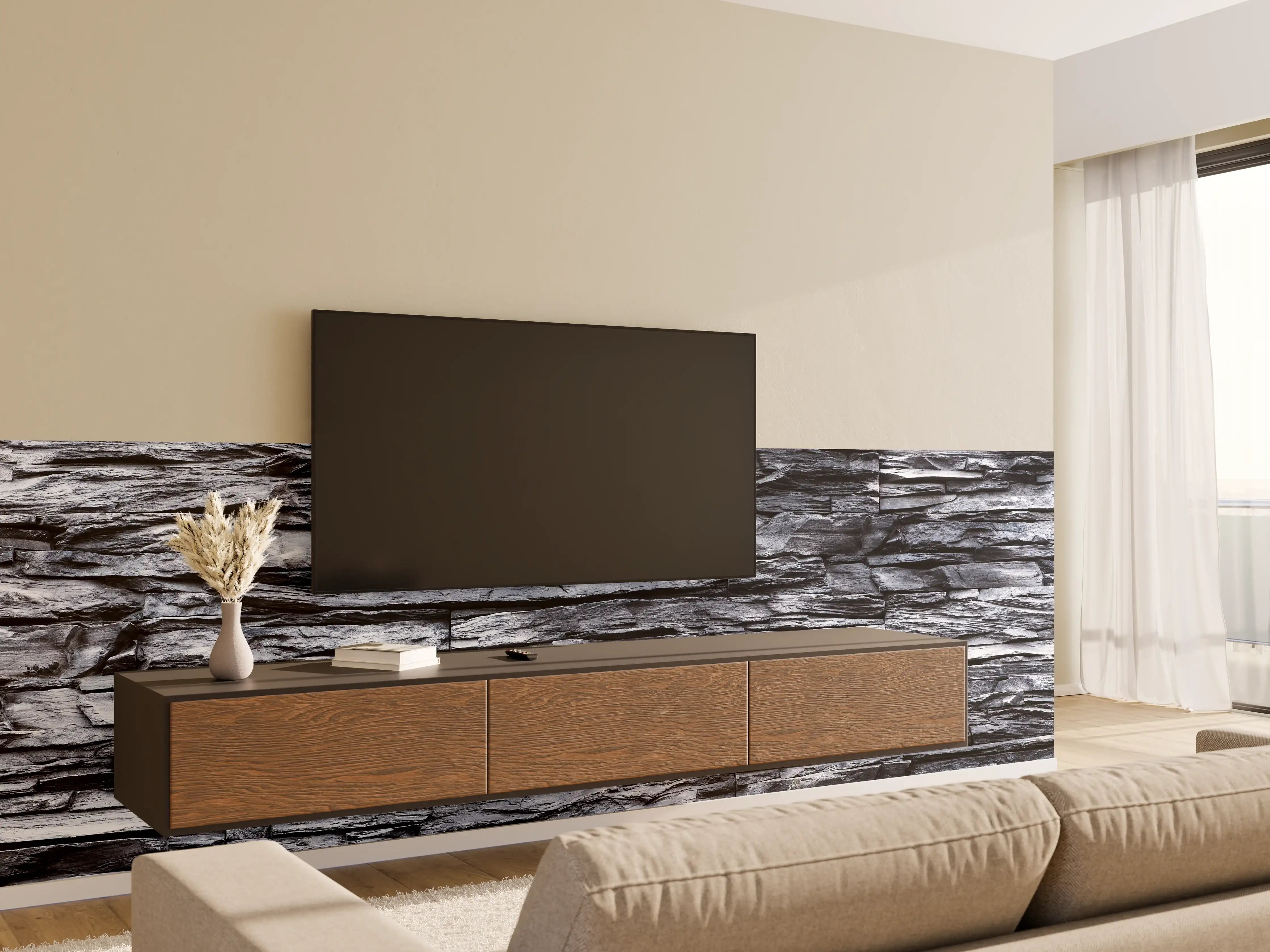 Wandverkleidung Wohnzimmer - Schiefer Wand mit dunklem Strukturdesign