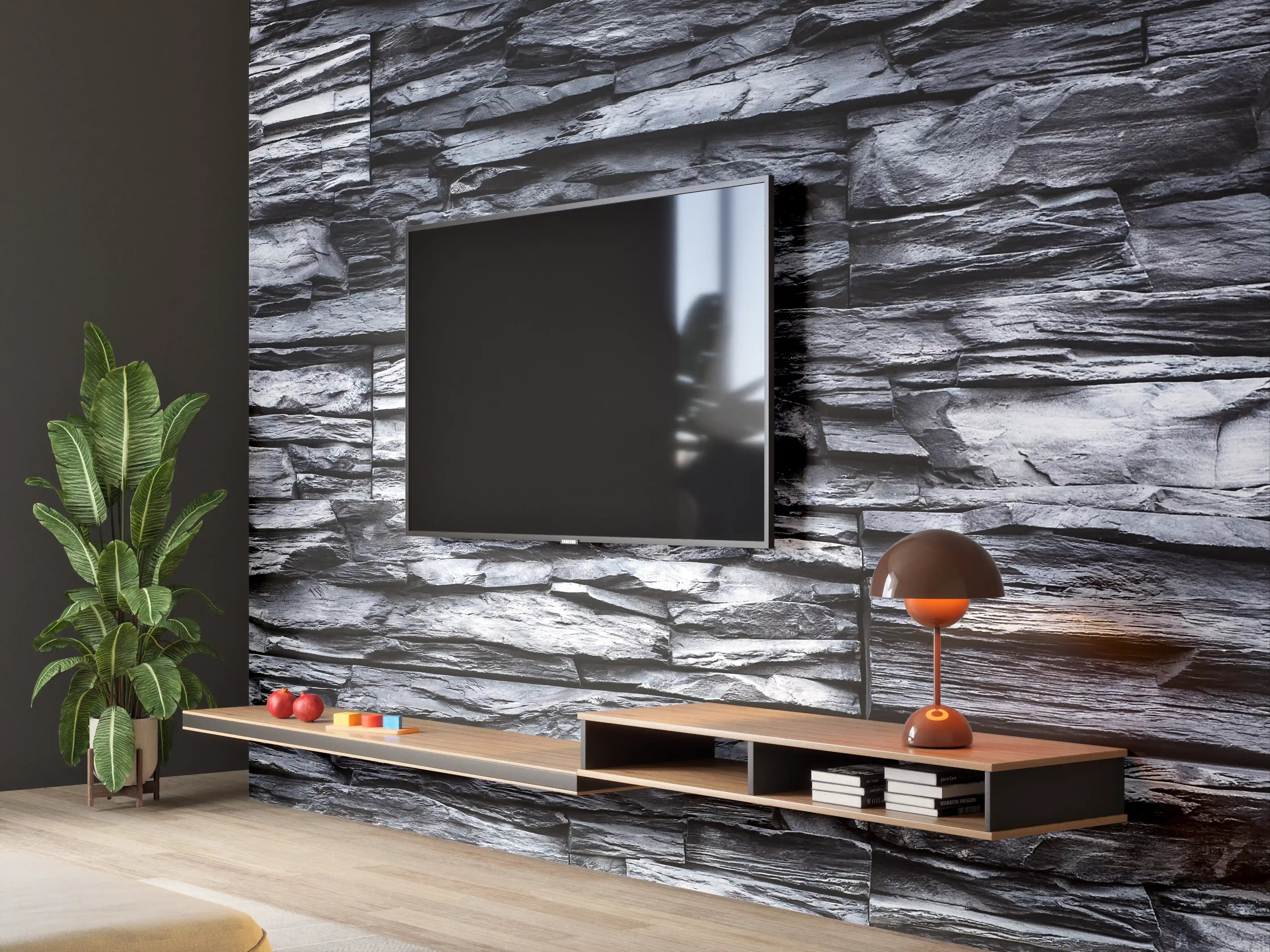 Wandverkleidung Wohnzimmer - Schiefer Wand mit dunklem Strukturdesign
