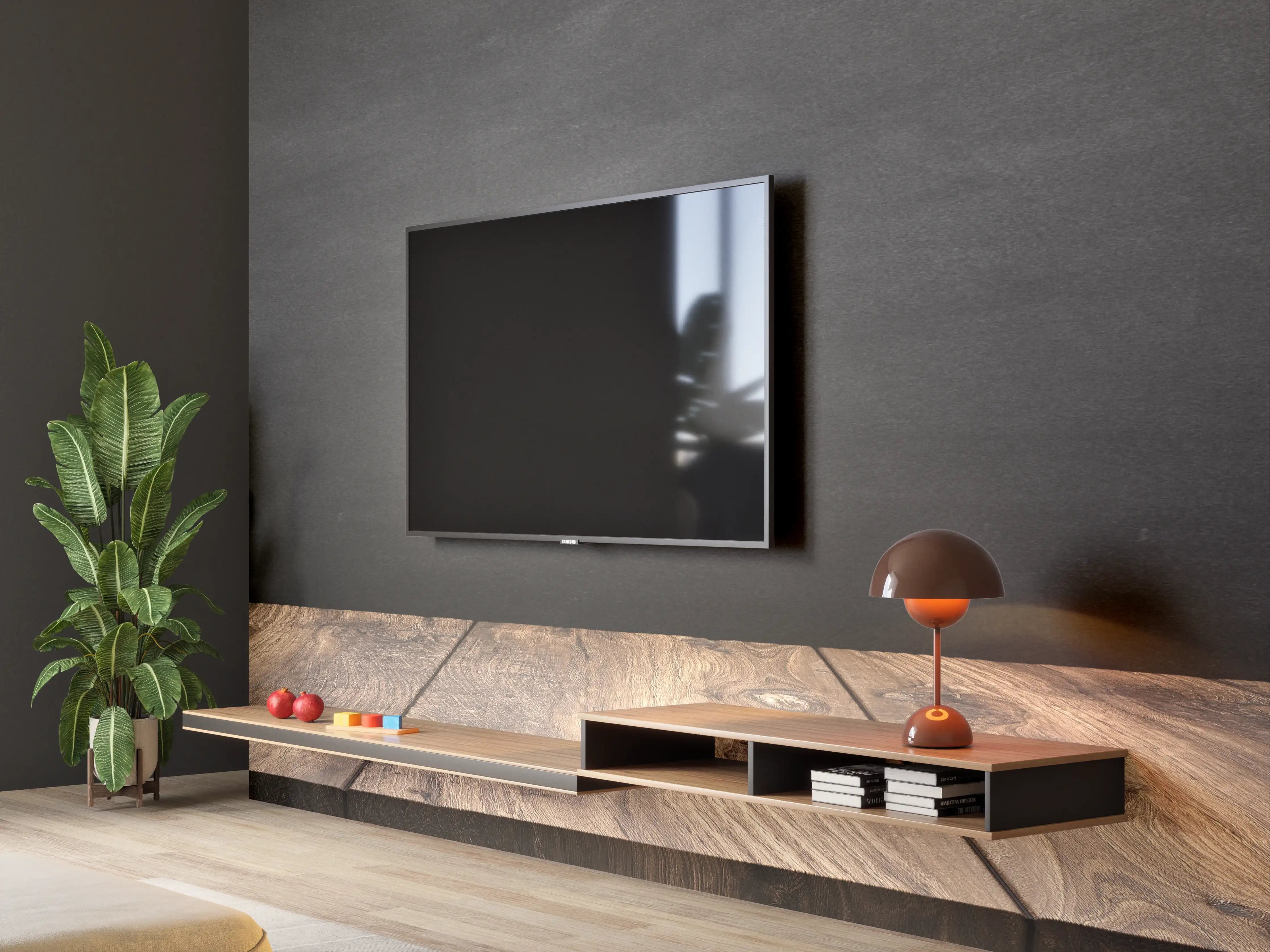 Wandverkleidung Wohnzimmer - Schlichter dunkler Hintergrund mit Holztisch
