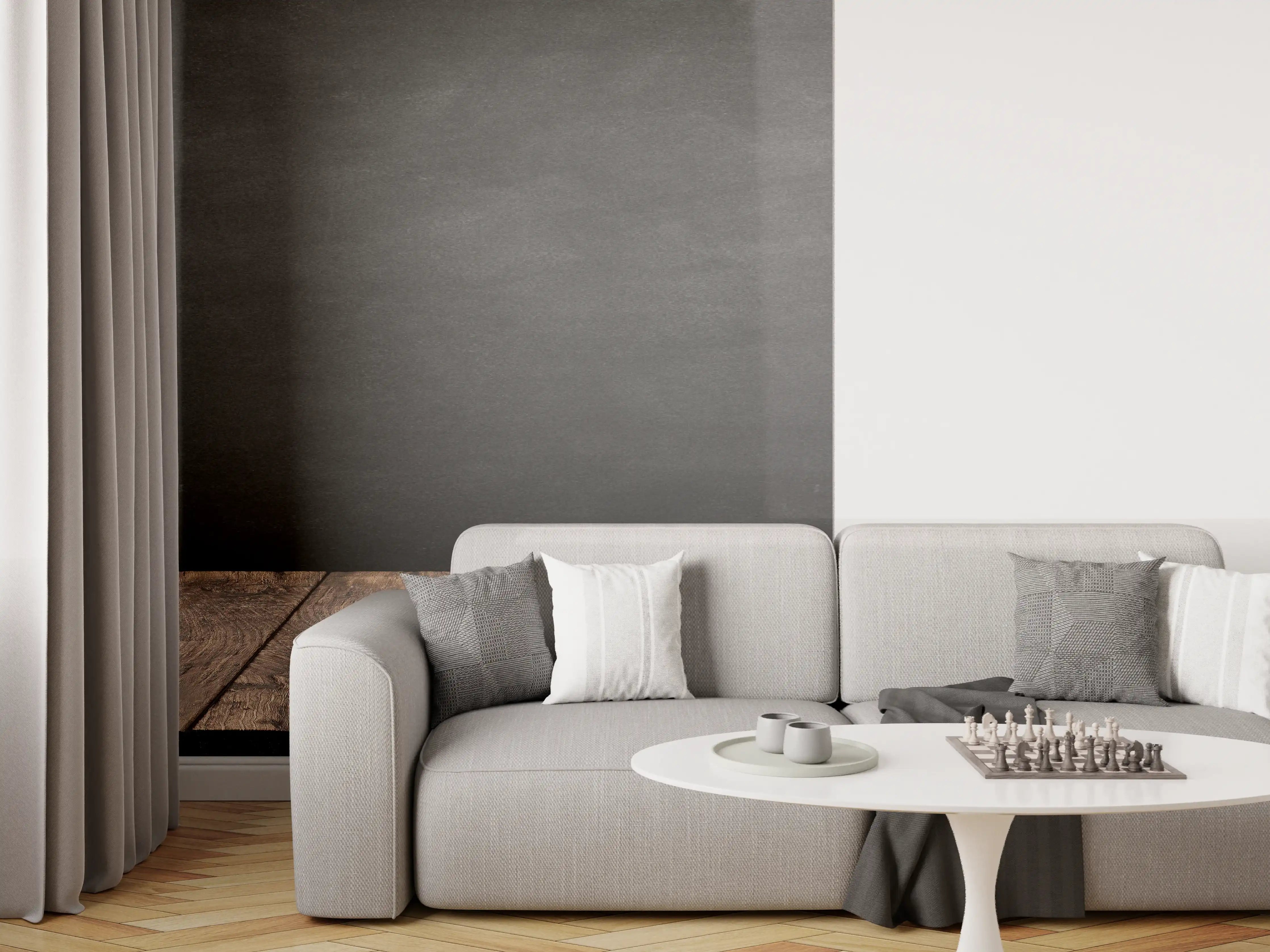Wandverkleidung Wohnzimmer - Schlichter dunkler Hintergrund mit Holztisch