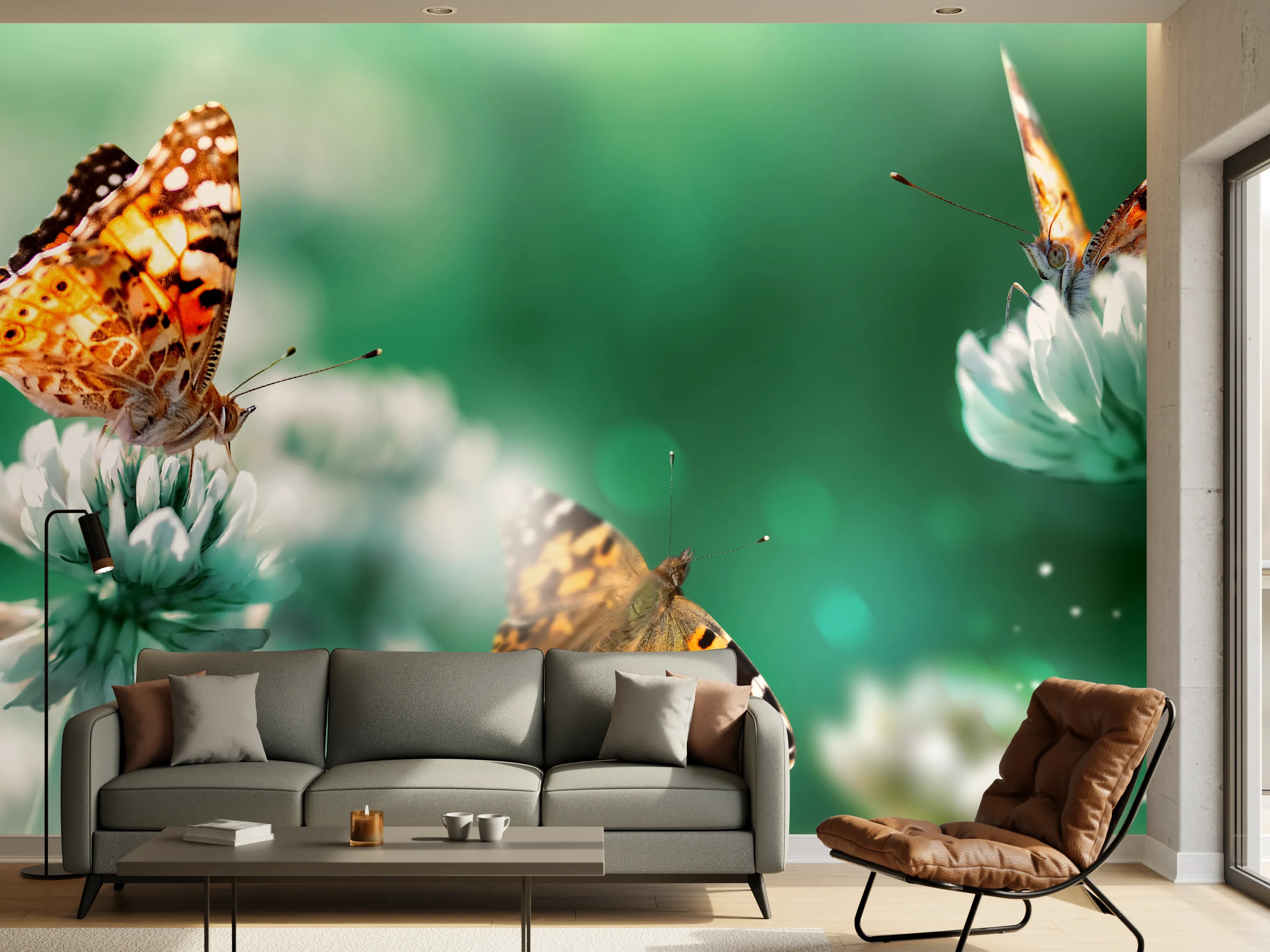 Wandverkleidung Wohnzimmer - Schmetterling auf Weißkleeblüten