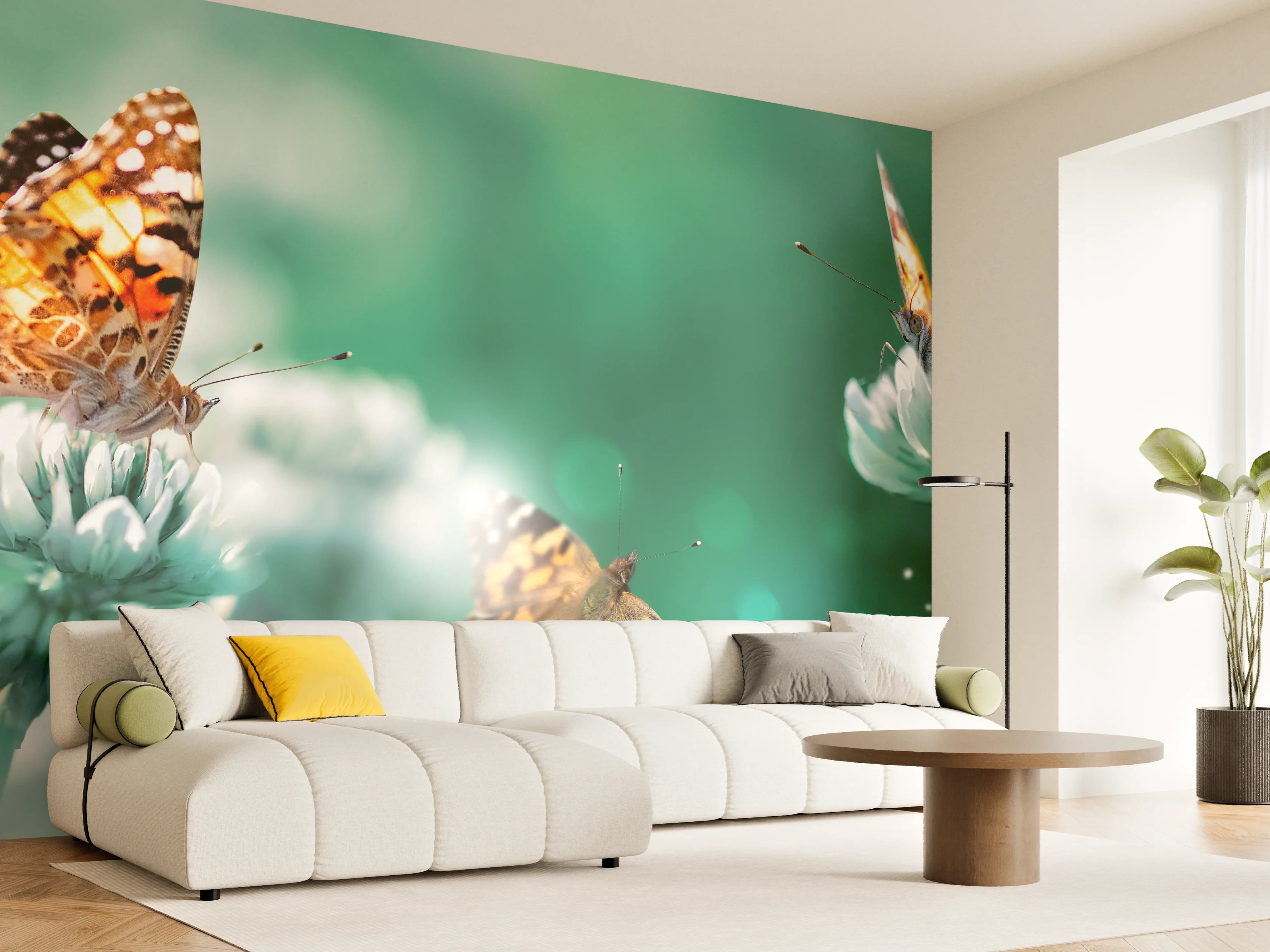 Wandverkleidung Wohnzimmer - Schmetterling auf Weißkleeblüten