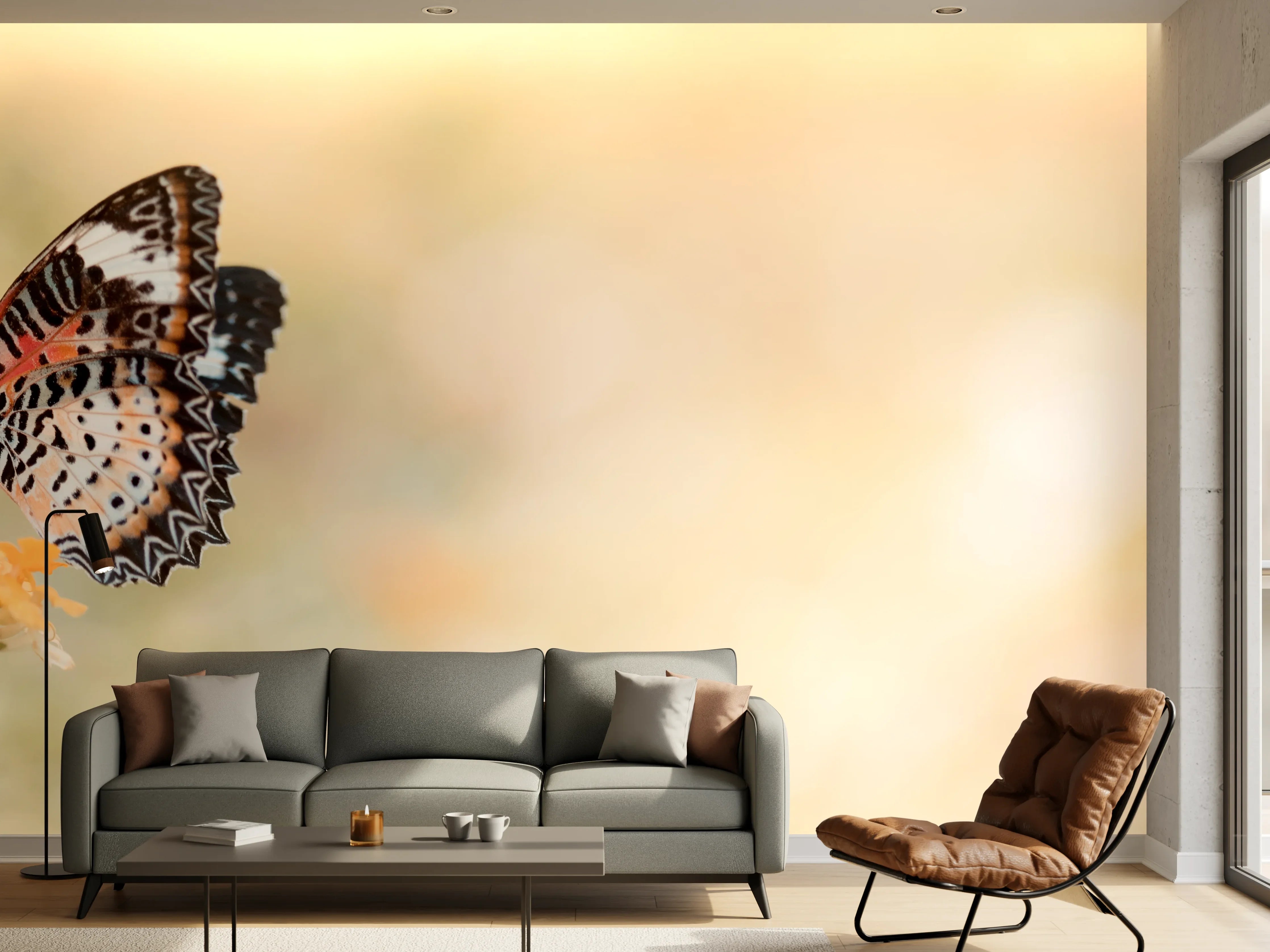 Wandverkleidung Wohnzimmer - Schmetterling auf eine orangene Blume
