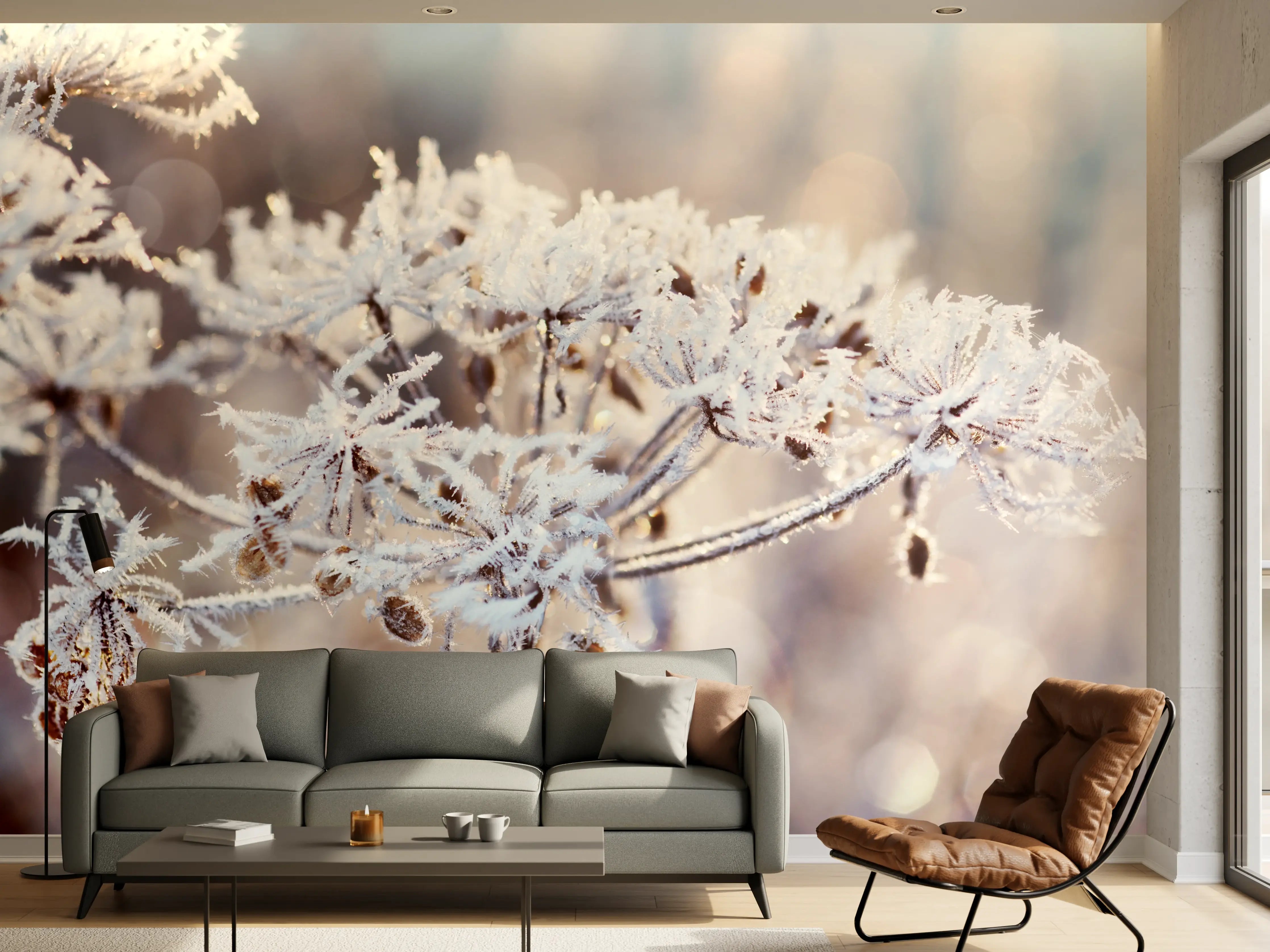 Wandverkleidung Wohnzimmer - Schneetau auf Pflanzen