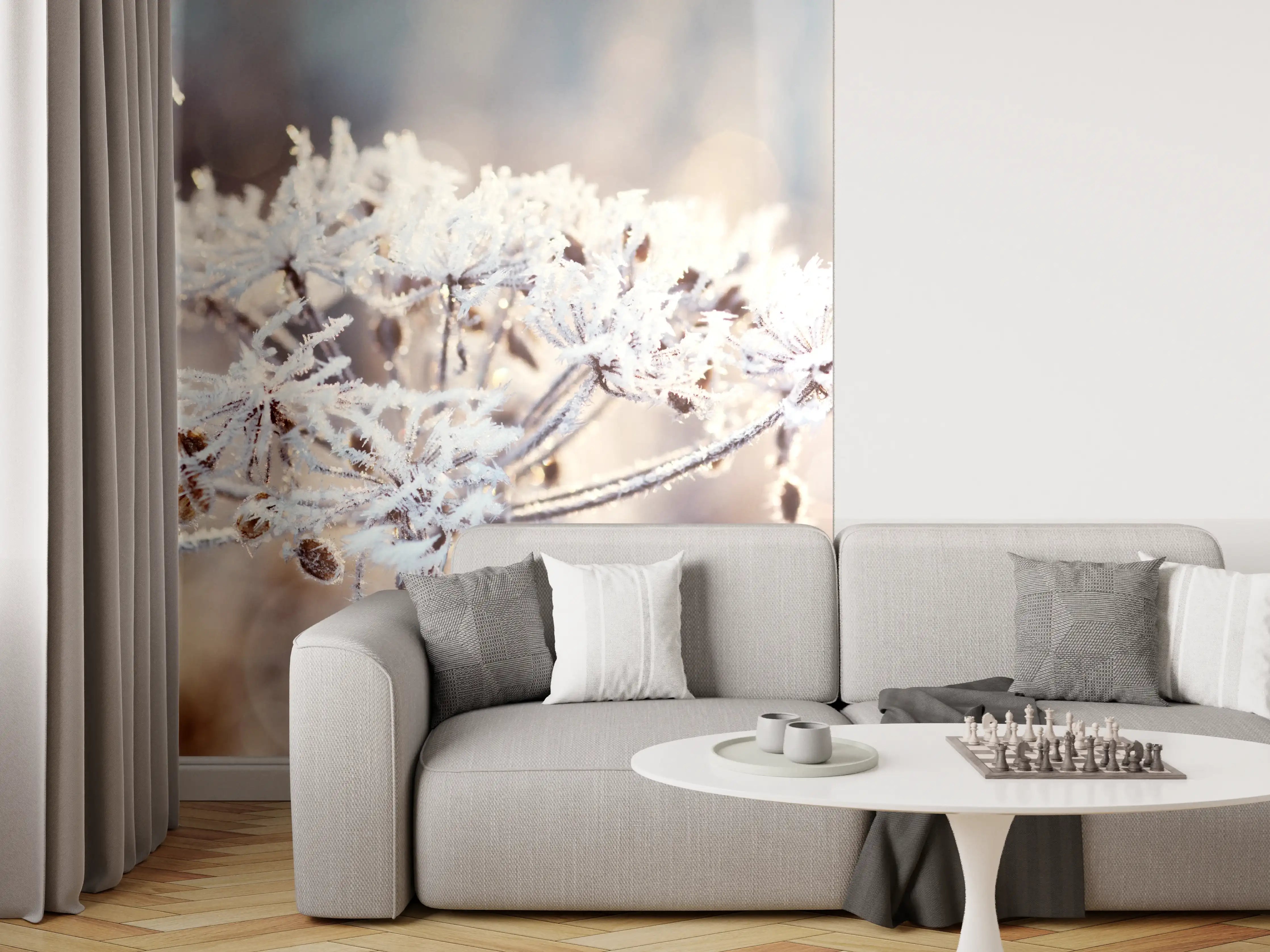 Wandverkleidung Wohnzimmer - Schneetau auf Pflanzen
