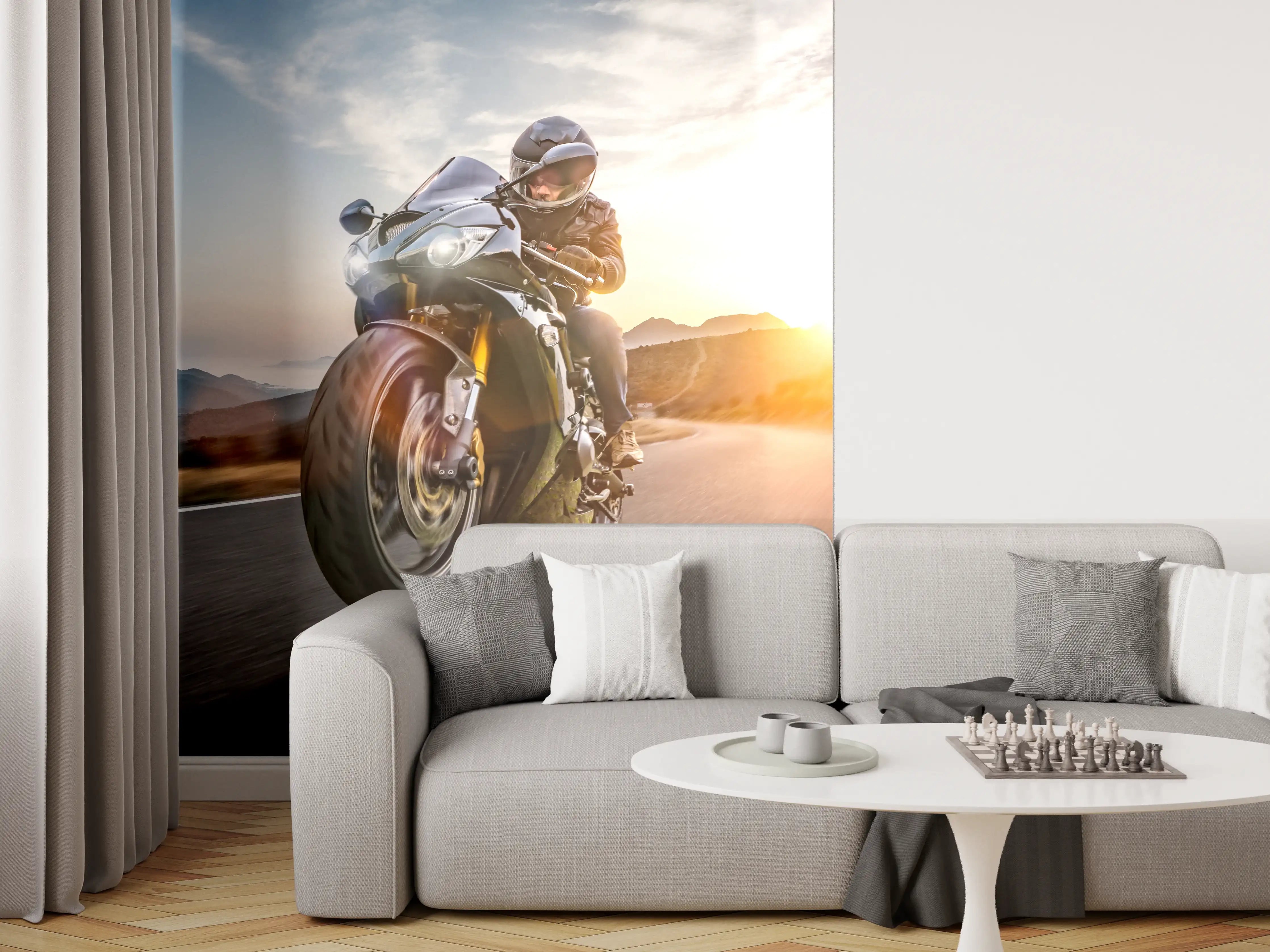 Wandverkleidung Wohnzimmer - Schnelles Motorrad auf der Küstenstraße