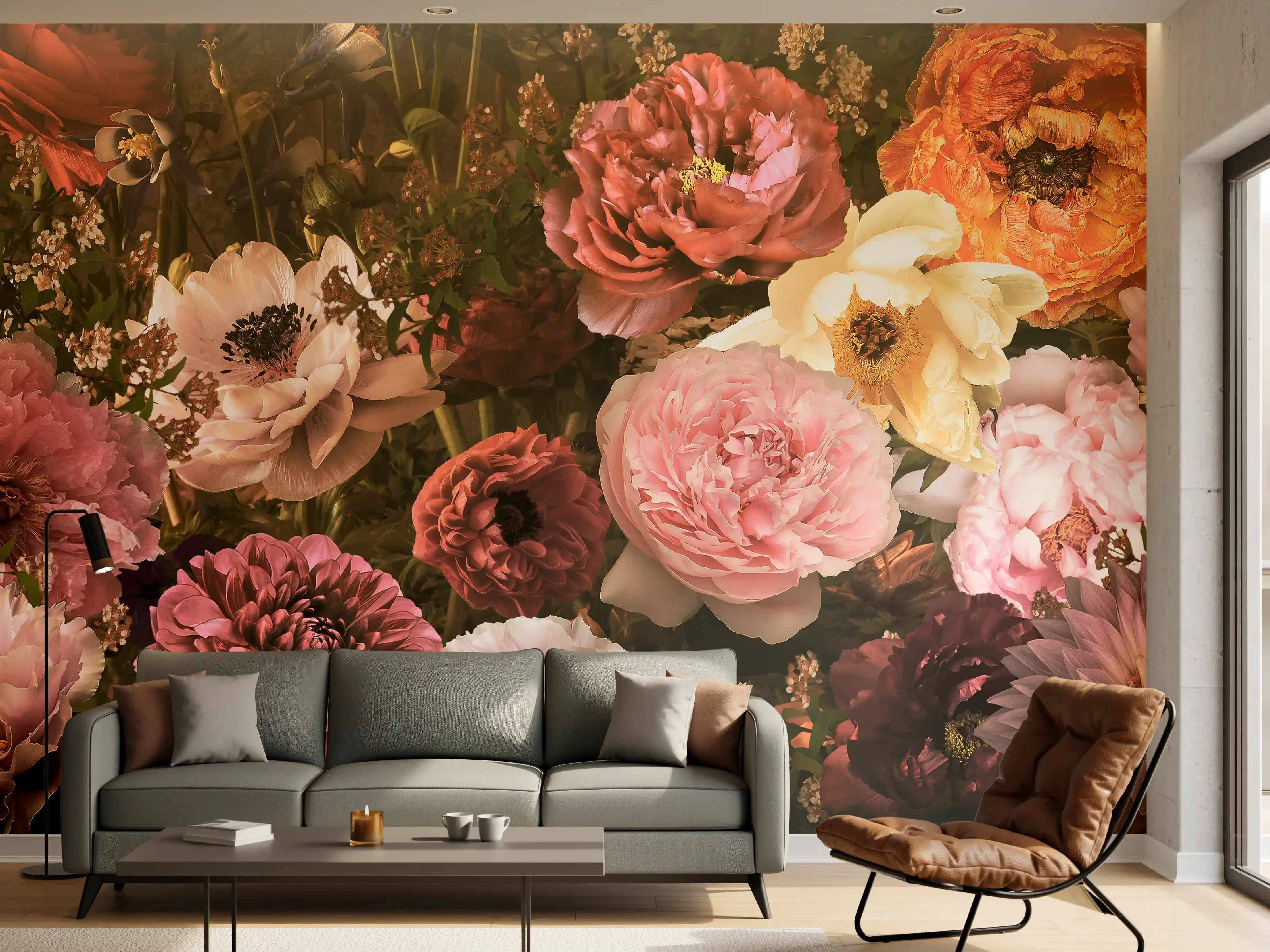 Wandverkleidung Wohnzimmer - Schöne Blumenpracht in warmen Farbnuancen
