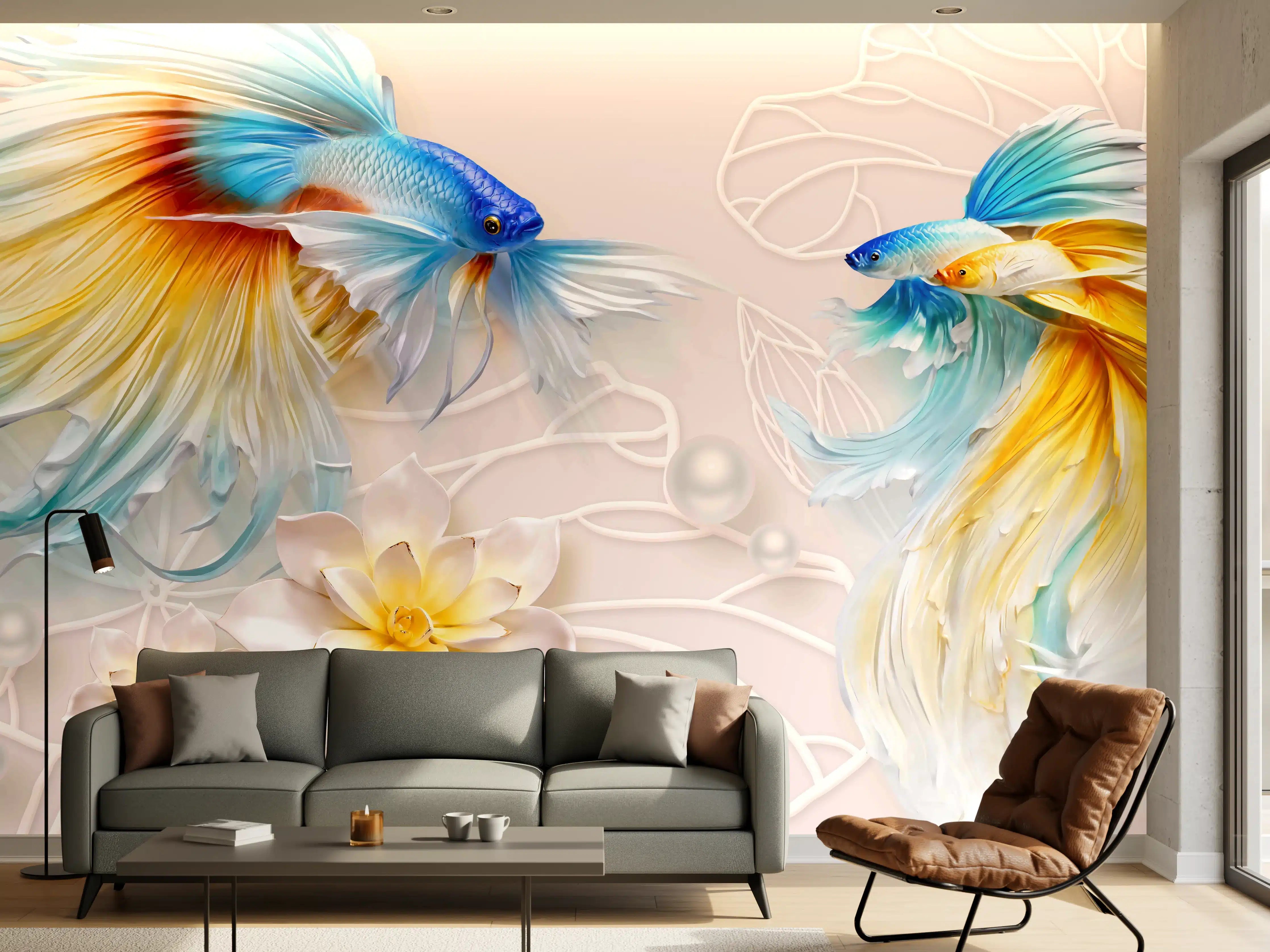 Wandverkleidung Wohnzimmer - Schöne Fische auf Rosa Hintergrund
