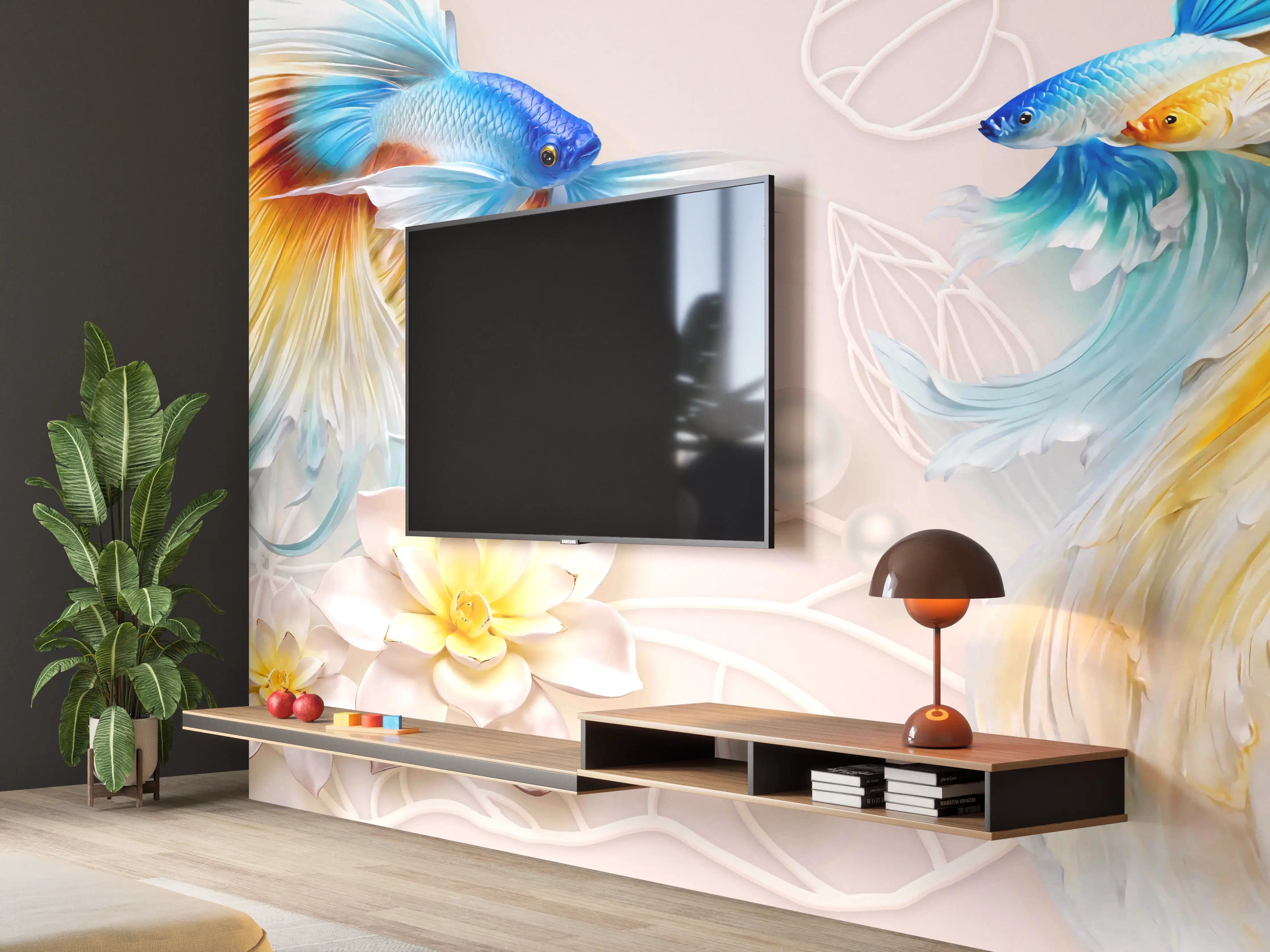 Wandverkleidung Wohnzimmer - Schöne Fische auf Rosa Hintergrund