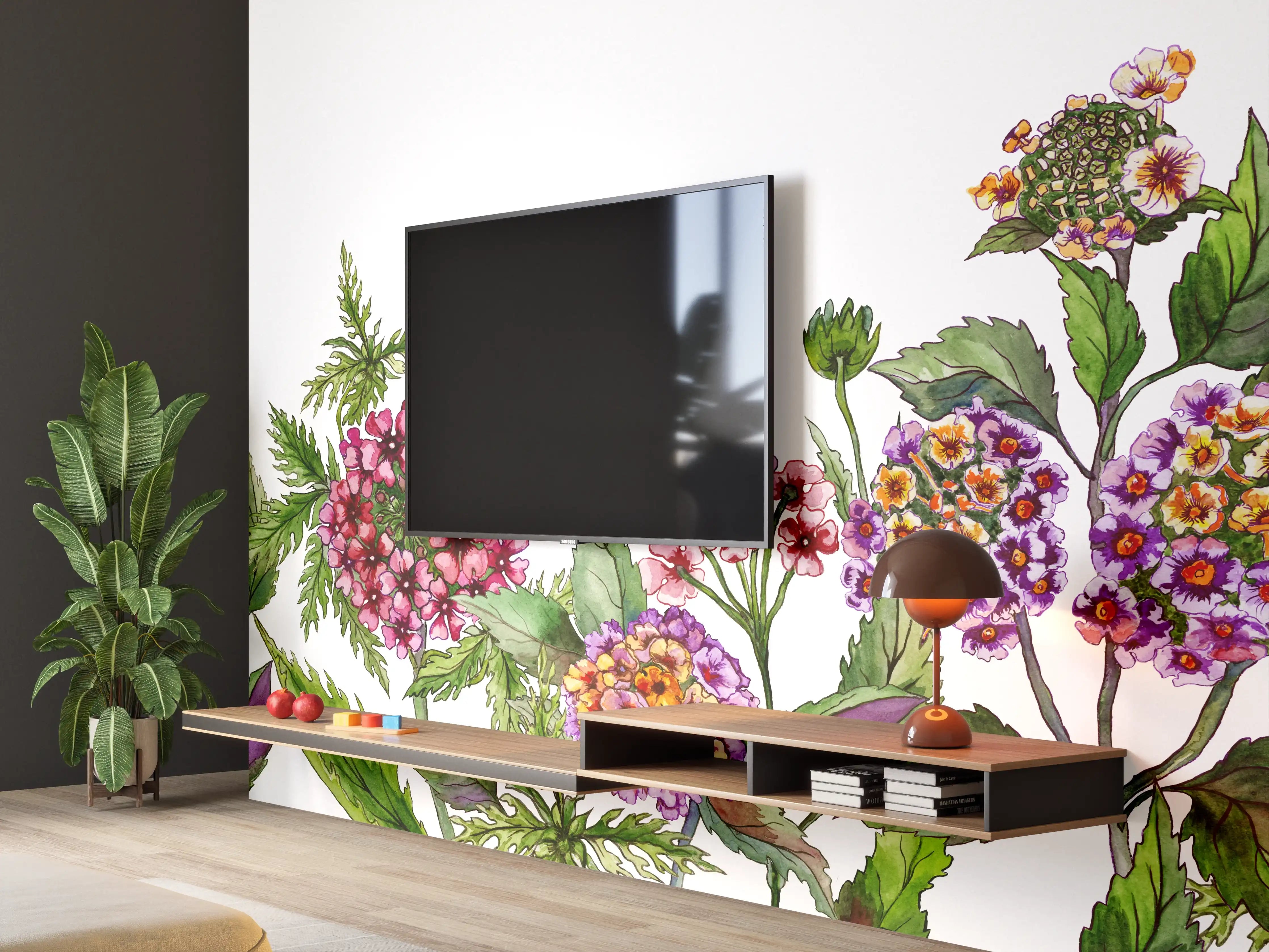 Wandverkleidung Wohnzimmer - Schöne Lantana-Blüten mit grünem Blätter