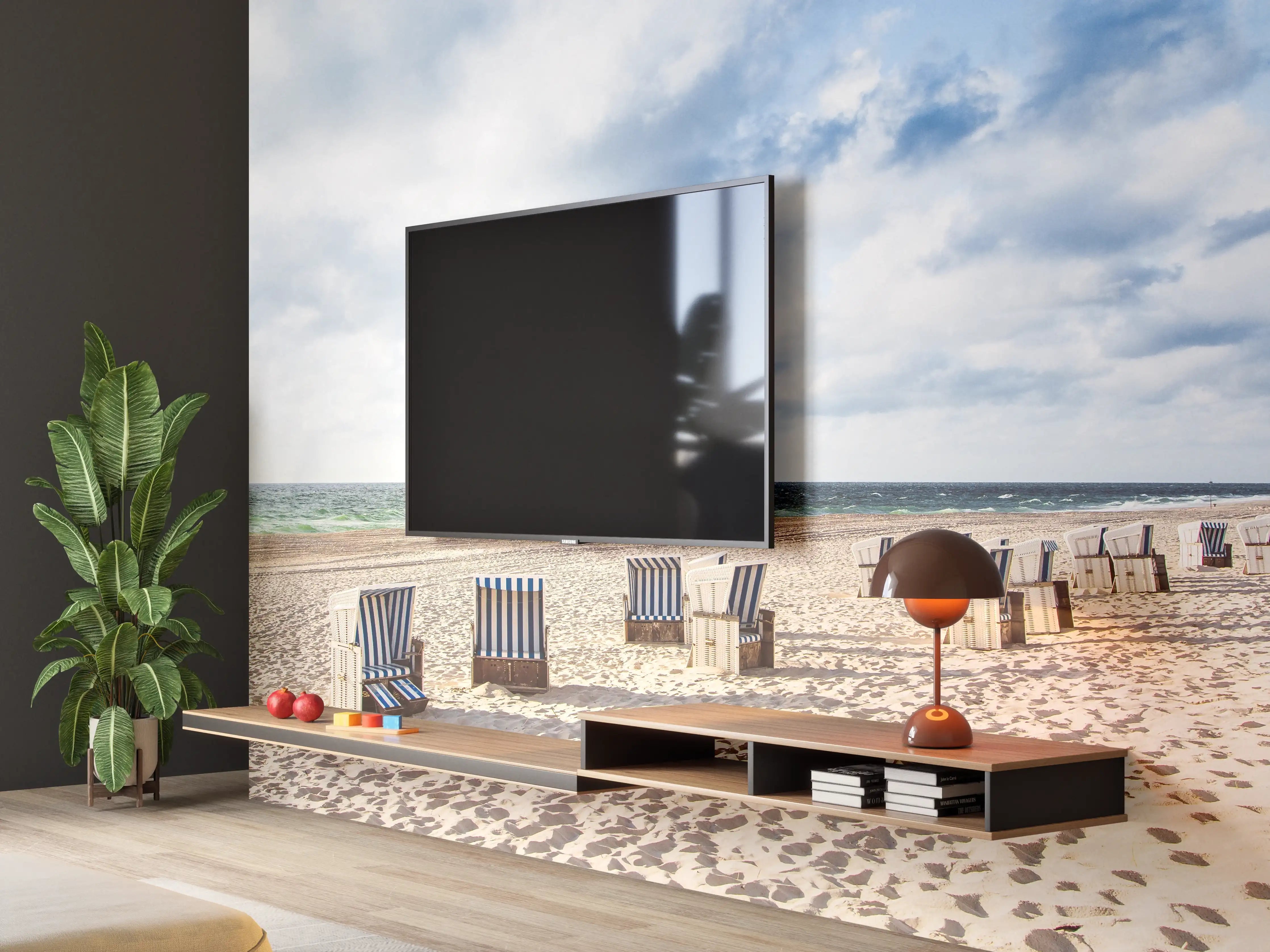 Wandverkleidung Wohnzimmer - Schöne Strandliegestühle in Blau und Weiß