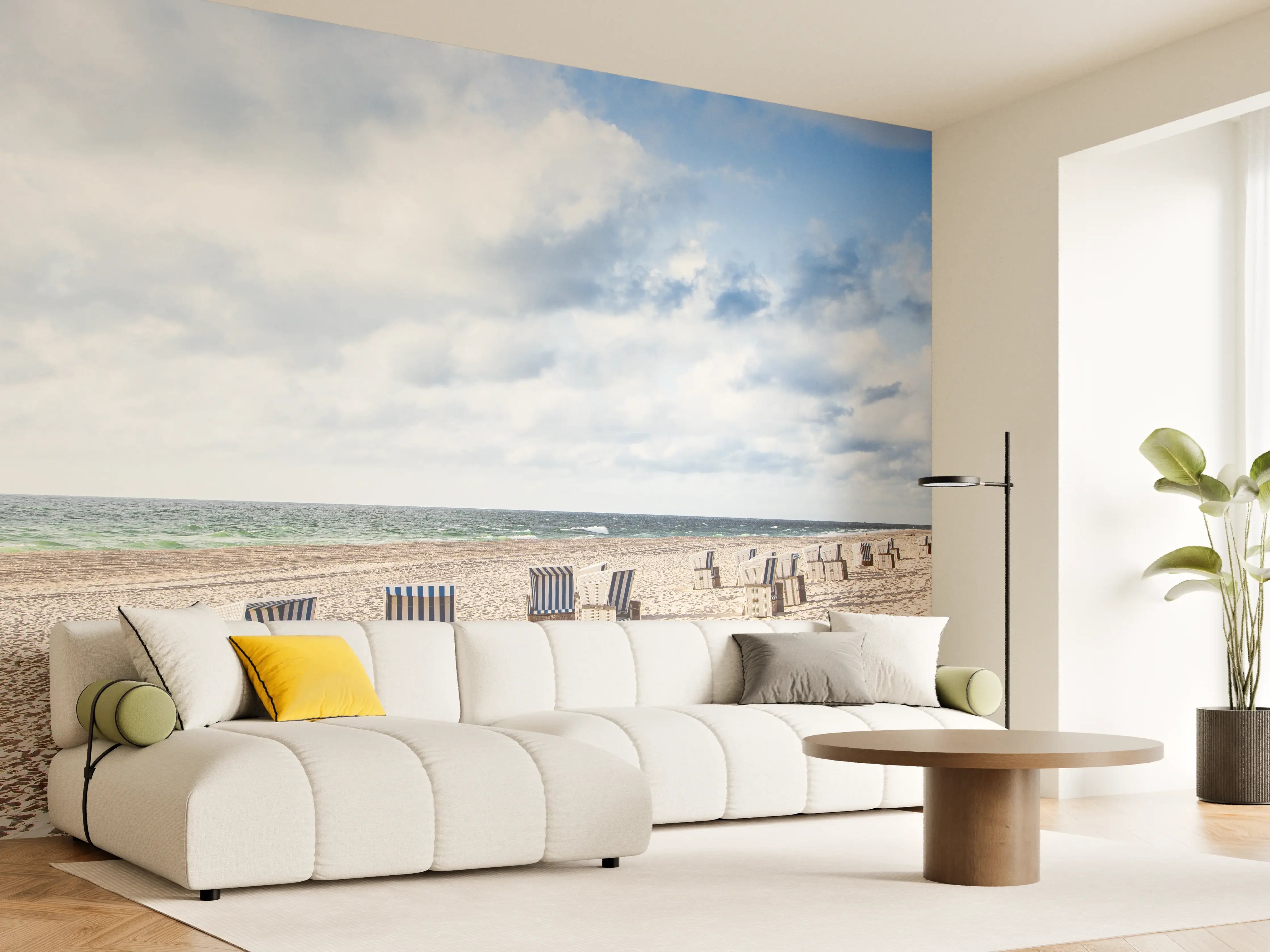 Wandverkleidung Wohnzimmer - Schöne Strandliegestühle in Blau und Weiß