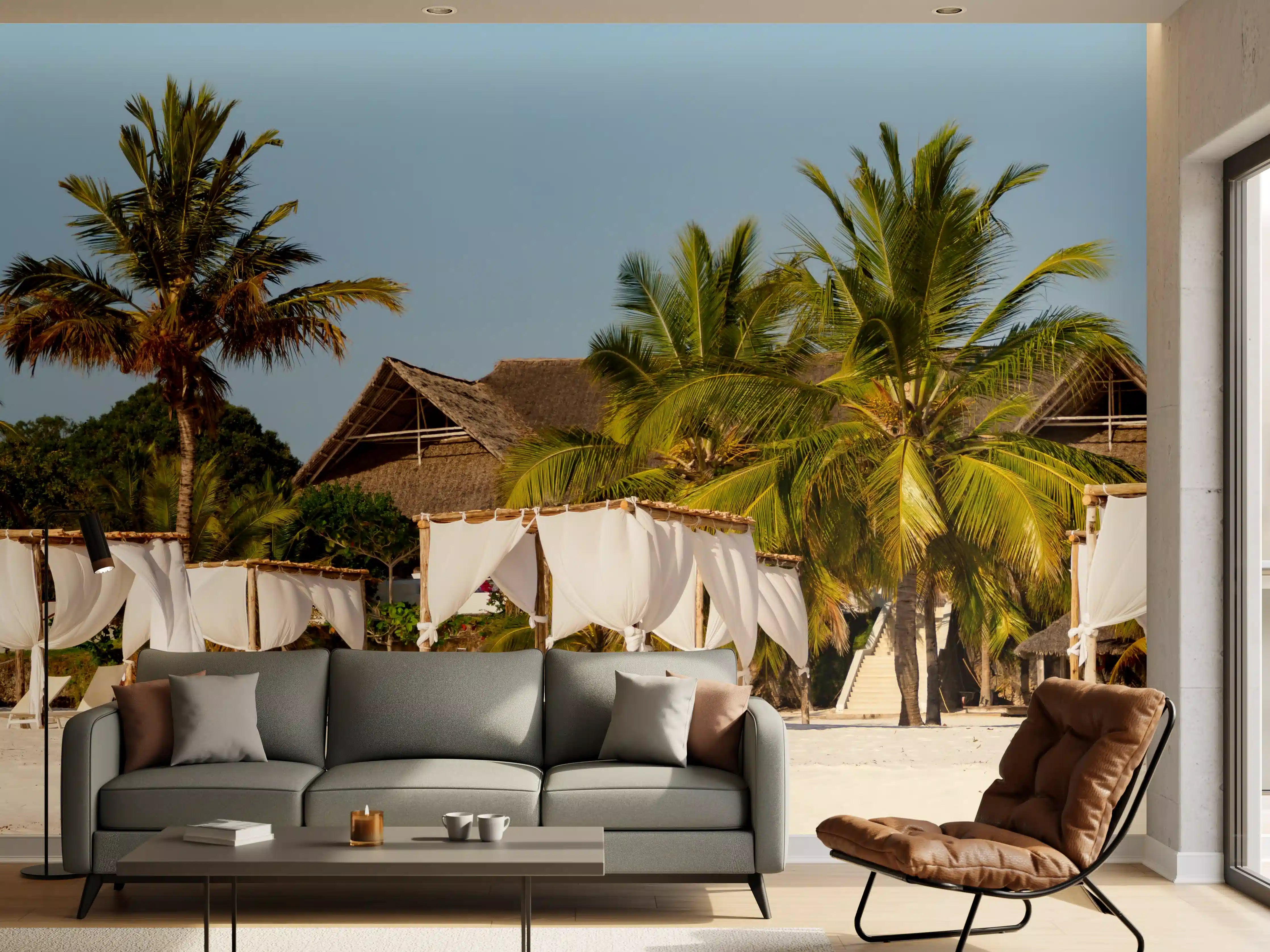 Wandverkleidung Wohnzimmer - Schöner Strand mit Liegen 