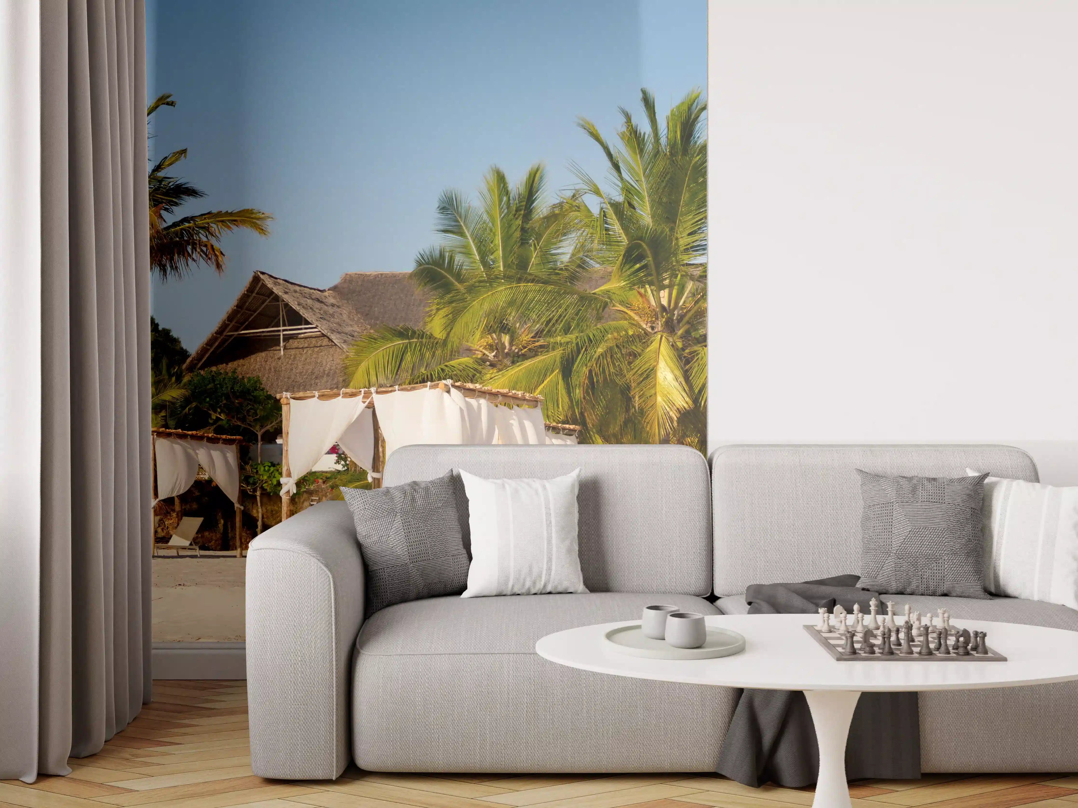 Wandverkleidung Wohnzimmer - Schöner Strand mit Liegen 
