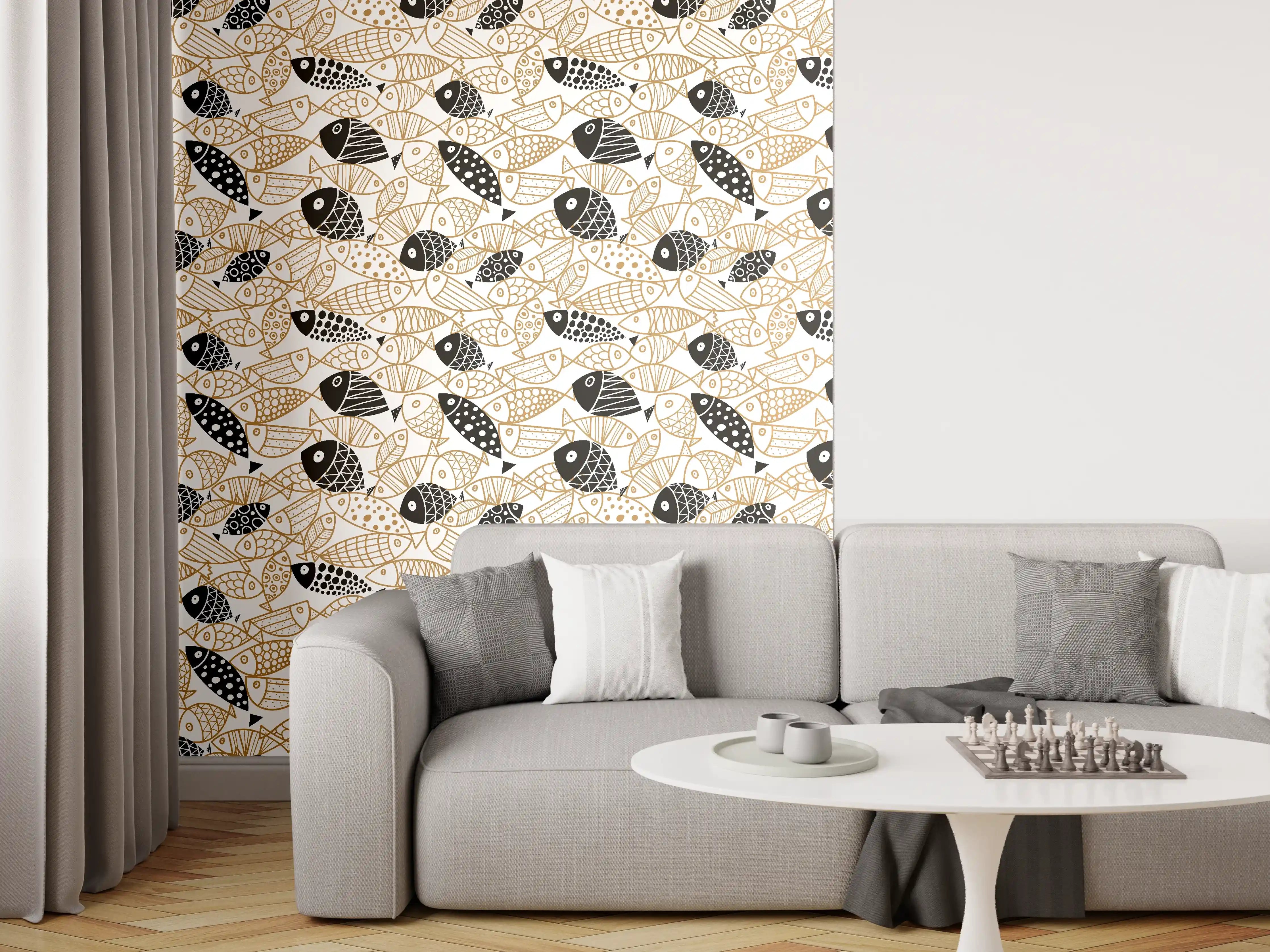 Wandverkleidung Wohnzimmer - Schwarz-Gold Fische Muster