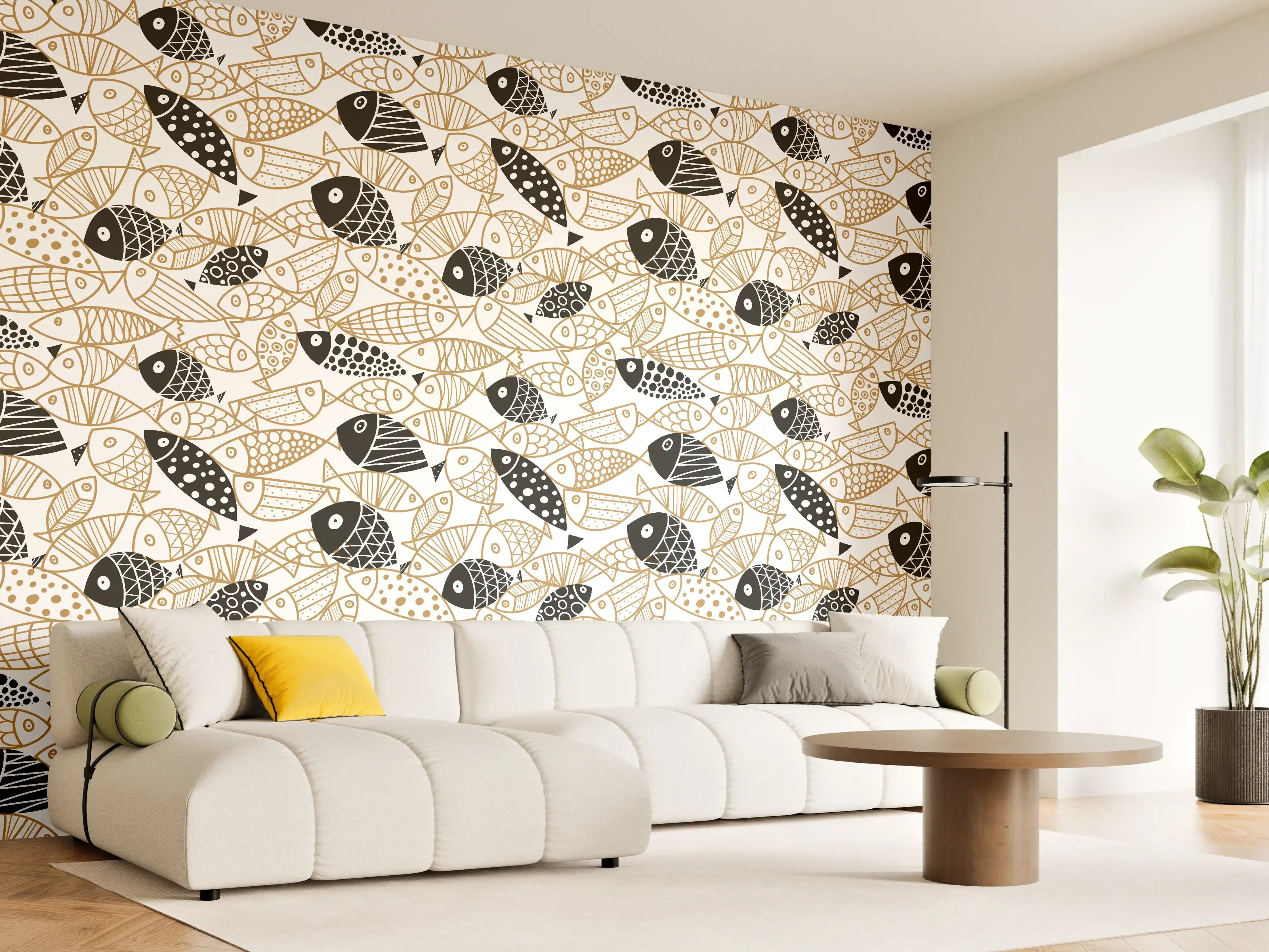 Wandverkleidung Wohnzimmer - Schwarz-Gold Fische Muster