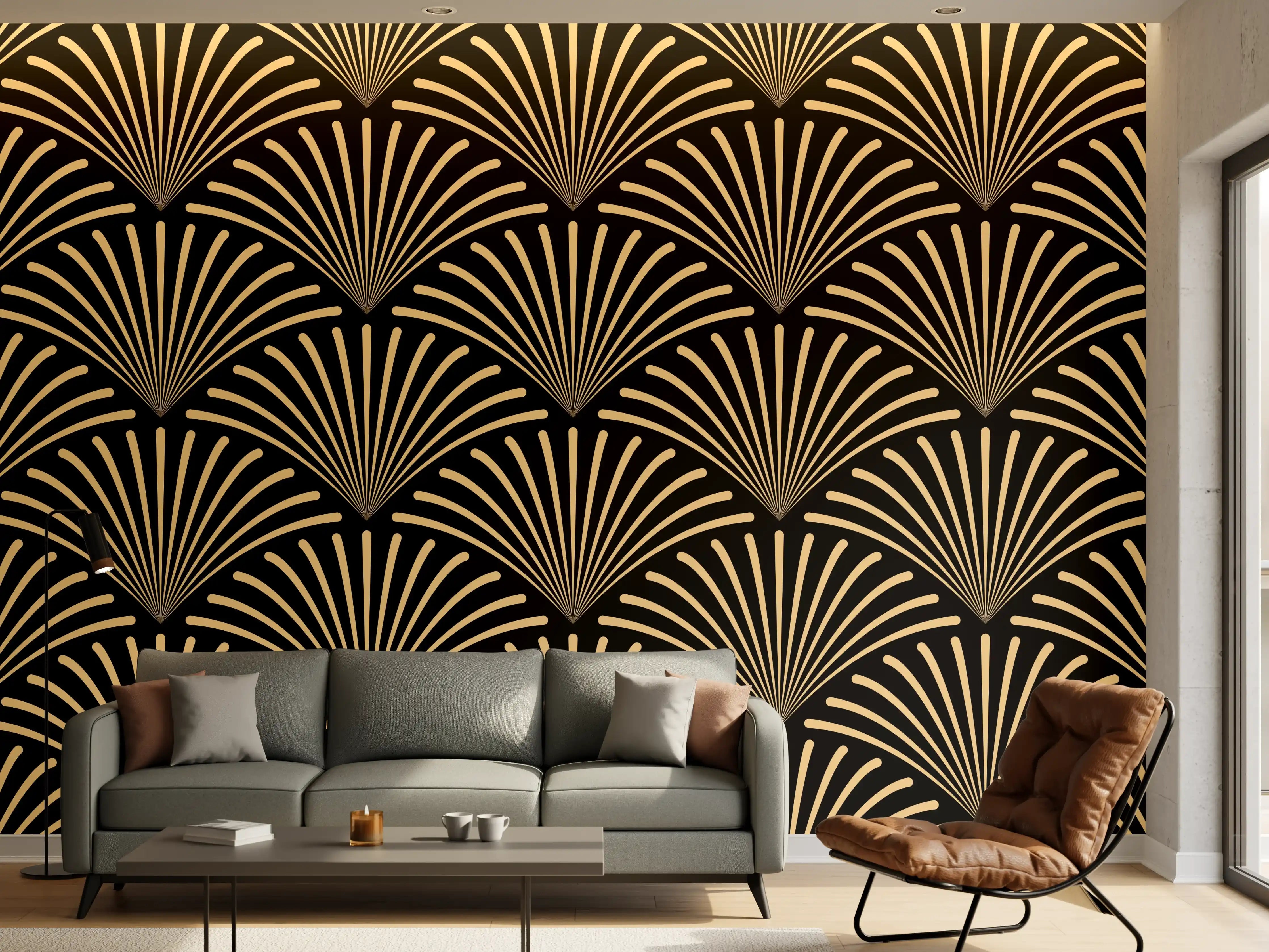 Wandverkleidung Wohnzimmer - Schwarz-Goldenes Wellenmuster