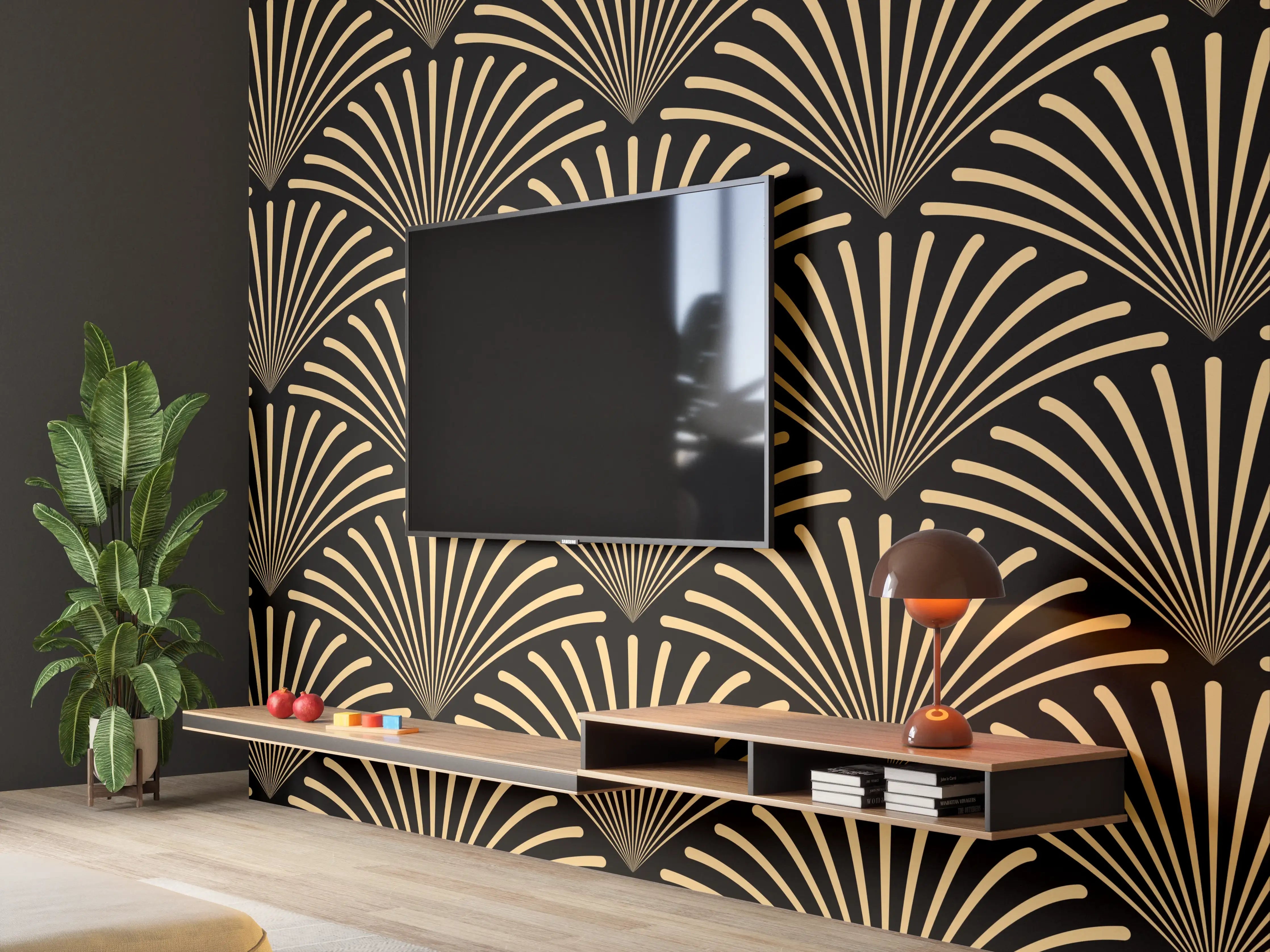 Wandverkleidung Wohnzimmer - Schwarz-Goldenes Wellenmuster